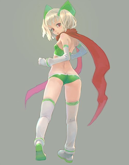 weno, weno's blonde original character, original, 1girl, ass, blonde hair, butt crack, elbow gloves, female focus, flat chest, from behind, gloves, kneepits, legs, looking back, lowleg, red eyes, red scarf, scarf, short hair, simple background, solo, strapless, thighhighs, tube top, white thighhighs