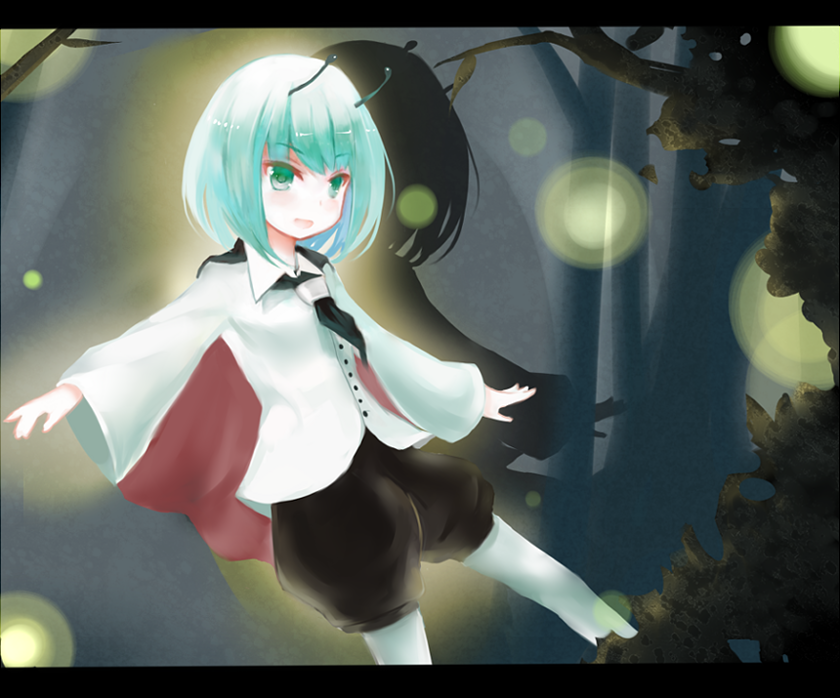 mamepon, wriggle nightbug, touhou, bad id, bad pixiv id, 1girl, alternate hairstyle, antennae, bob cut, bug, cape, dress shirt, female focus, fireflies, firefly, green eyes, green hair, insect, letterboxed, matching hair/eyes, outstretched arms, pantyhose, pantyhose under shorts, shirt, short hair, shorts, smile, solo, spread arms, tsurime, white pantyhose