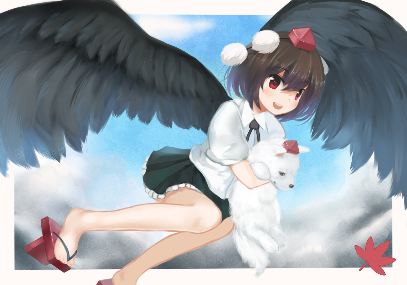 mamepon, inubashiri momiji, inubashiri momiji (wolf), shameimaru aya, touhou, bad id, bad pixiv id, 1girl, animalization, black hair, black wings, blush, brown hair, carrying, dog, female focus, flying, geta, hat, inubashiri momiji (dog), leaf, looking at viewer, open mouth, red eyes, short hair, skirt, solo, tengu-geta, tokin hat, wings