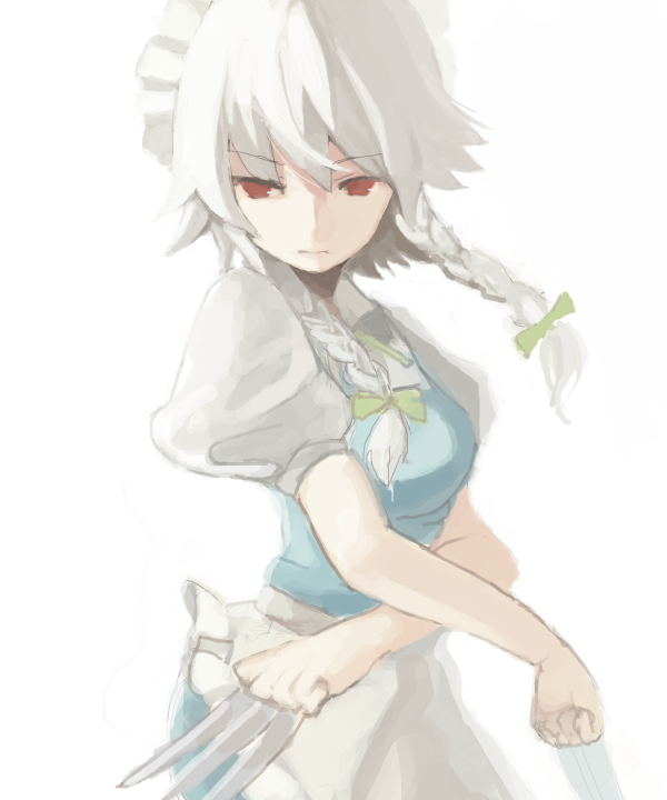 mamepon, izayoi sakuya, touhou, bad id, bad pixiv id, 1girl, between fingers, braid, cowboy shot, expressionless, female focus, from side, frown, hairband, holding, knife, maid, red eyes, shaded face, short hair, short hair with long locks, simple background, solo, twin braids, white background, white hair, x arms