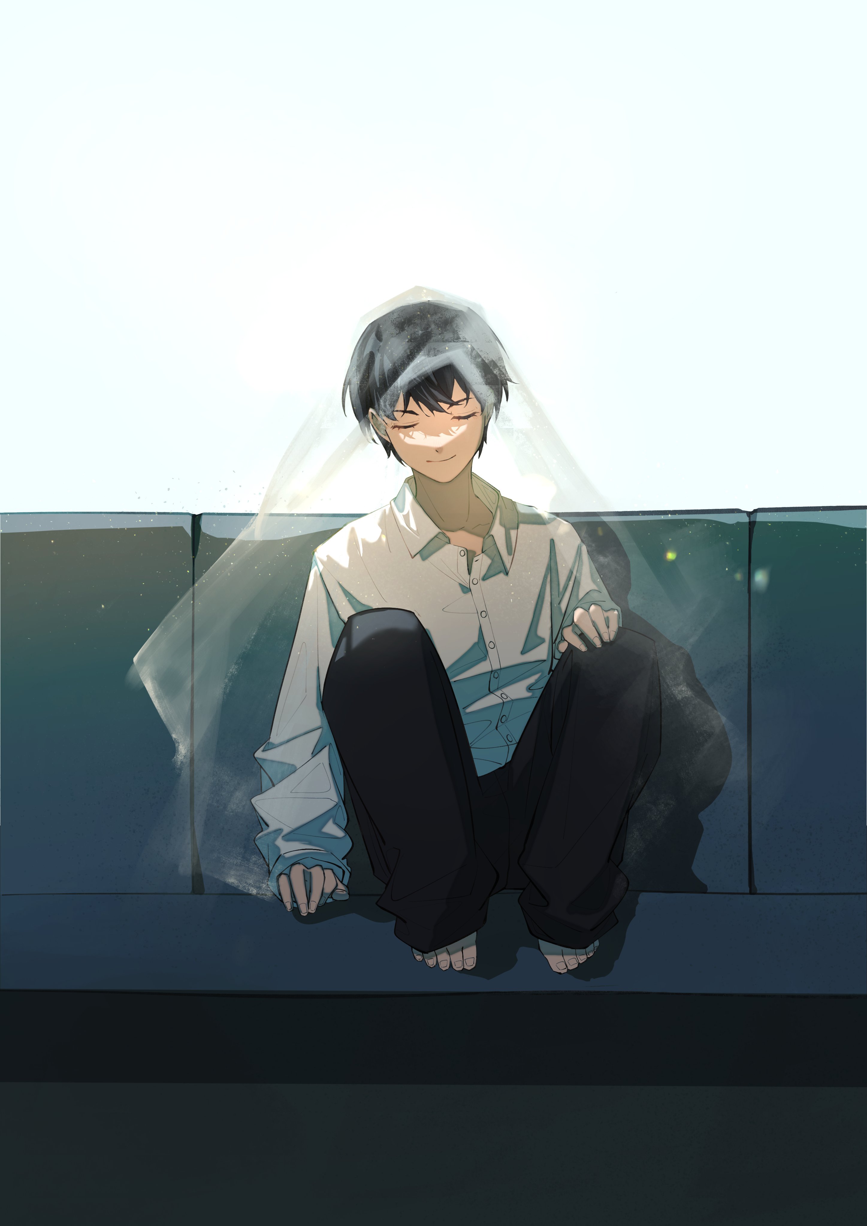 kim dokja, oldest dream, omniscient reader's viewpoint, absurdres, hashtag-only commentary, highres, variant set, 1boy, barefoot, black hair, closed eyes, collared shirt, full body, hand on own knee, head tilt, knees up, male focus, sanjinmogufufu, shirt, short hair, sitting, solo, veil, white shirt