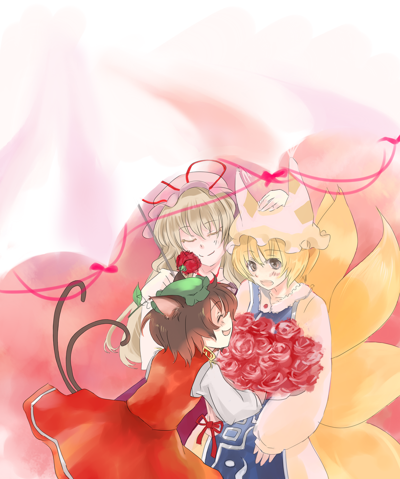 mosuke, chen, yakumo ran, yakumo yukari, touhou, bad id, bad pixiv id, 3girls, animal ears, animal hat, blonde hair, brown hair, cat ears, cat girl, cat tail, closed eyes, female focus, flower, hat, hat ribbon, long sleeves, mob cap, multiple girls, multiple tails, open mouth, ribbon, rose, short hair, smile, tail, umbrella