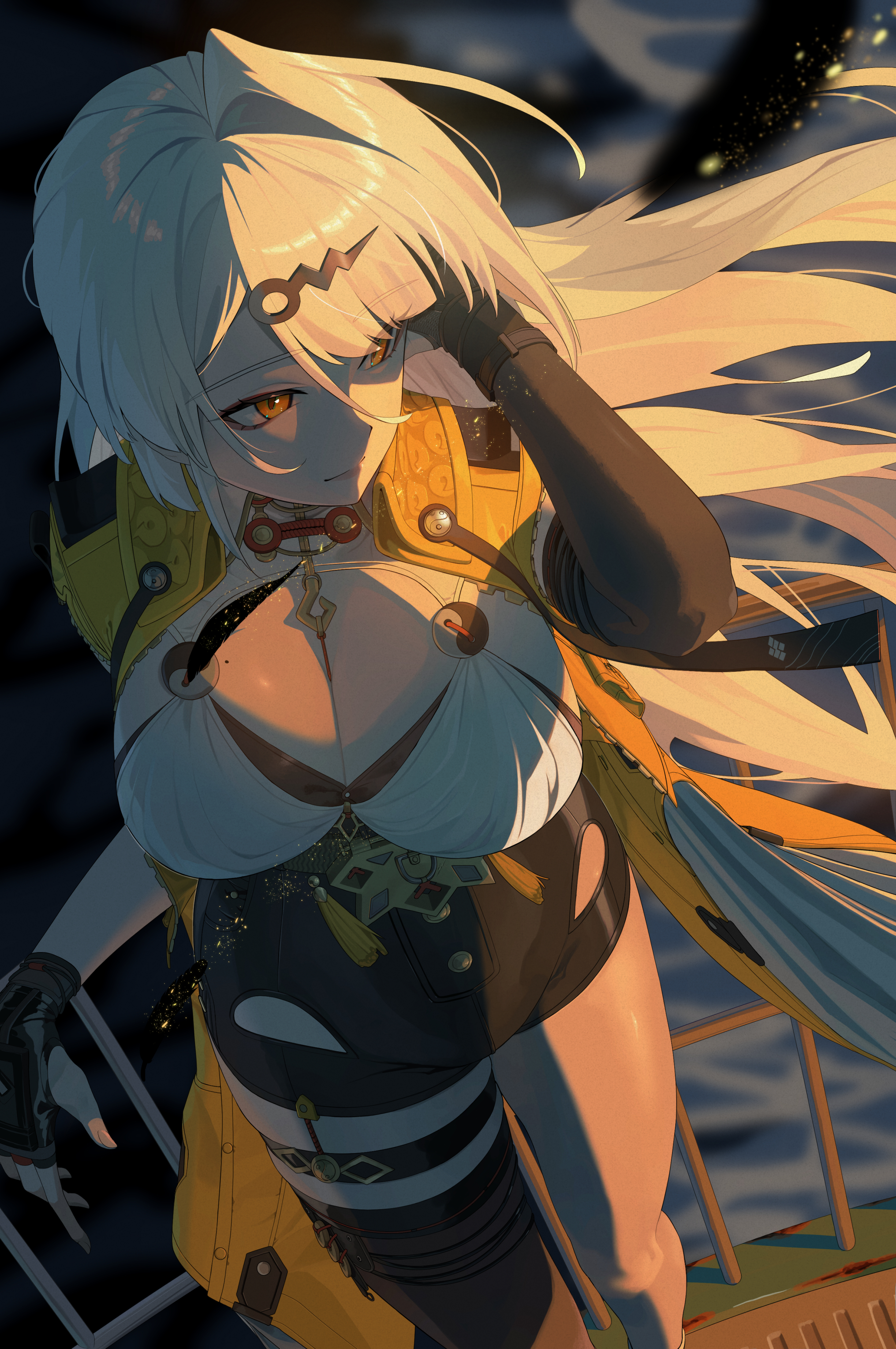 shinarika396, yixuan (zenless zone zero), zenless zone zero, absurdres, commentary request, highres, 1girl, ahoge, black bra, black gloves, black shorts, black thighhighs, bra, breasts, cleavage, closed mouth, elbow gloves, fingerless gloves, gloves, high-waist shorts, large breasts, looking at viewer, mole, mole on breast, shirt, shorts, smile, solo, thigh strap, thighhighs, underwear, white hair, white shirt, yellow eyes