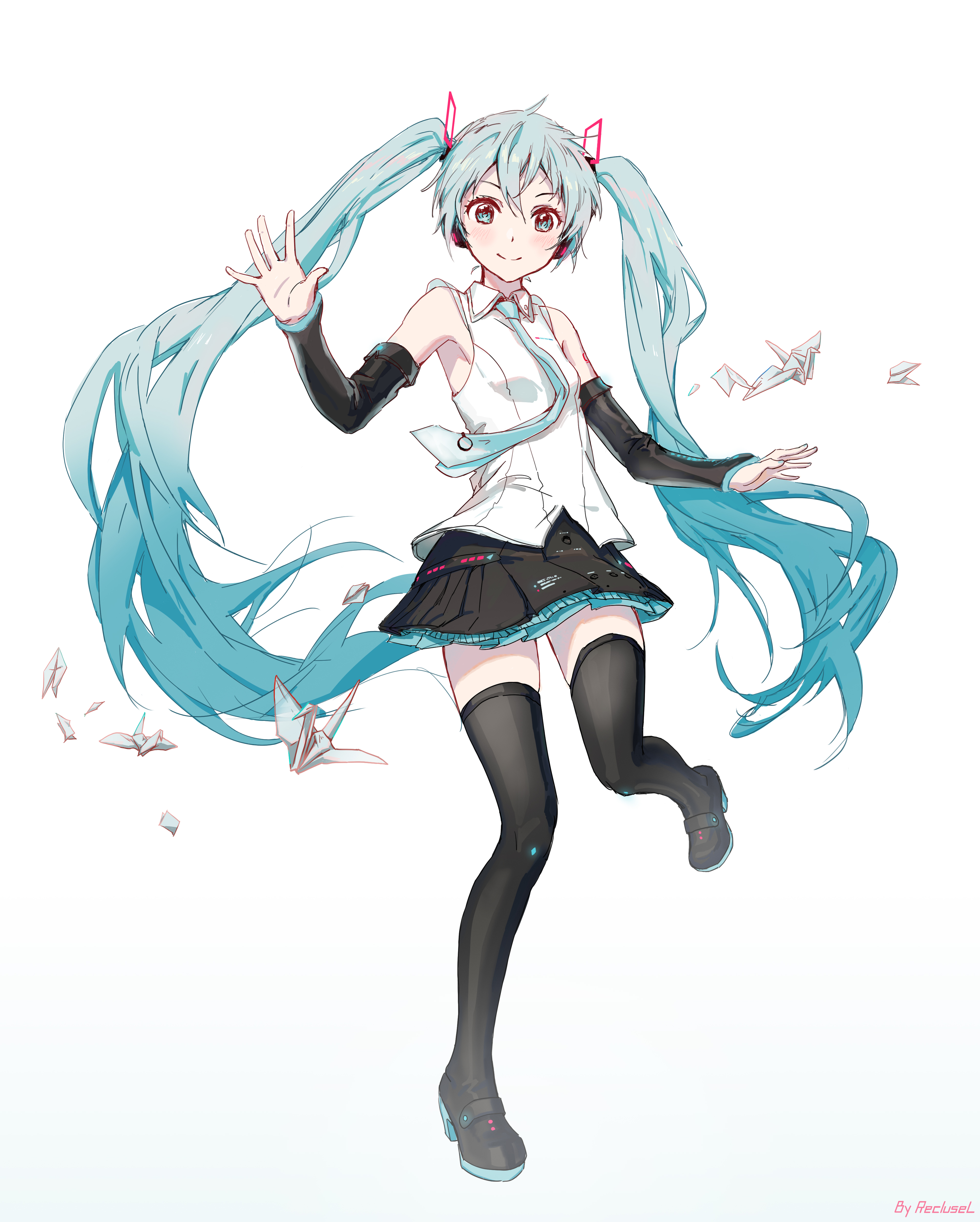 recluseying39, hatsune miku, hatsune miku (vocaloid4), vocaloid, absurdres, commentary, highres, symbol-only commentary, 1girl, aqua eyes, aqua hair, aqua necktie, armpits, artist name, black boots, black skirt, black sleeves, blush, boots, closed mouth, collared shirt, detached sleeves, full body, gradient background, long hair, long sleeves, necktie, origami, paper crane, shirt, skirt, sleeveless, sleeveless shirt, smile, solo, thigh boots, twintails, v4x, very long hair, white shirt