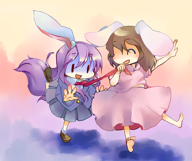 rotan, inaba tewi, reisen udongein inaba, touhou, 2girls, animal ears, barefoot, blazer, brown hair, chibi, feet, female focus, gradient background, jacket, long hair, multiple girls, necktie, pleated skirt, purple hair, rabbit ears, short hair, skirt