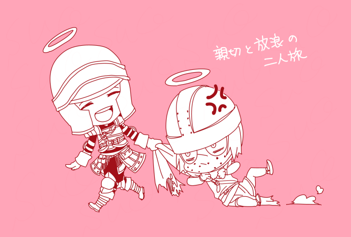 creighton of mirrah, mild mannered pate, dark souls (series), dark souls ii, commentary request, 2boys, :d, anger vein, boots, cape, cape grab, chibi, chibi only, closed eyes, clothes grab, dragging, full body, halo, helmet, male focus, mask, masked, monochrome, multiple boys, open mouth, pants, pink theme, shirt, short hair, simple background, smile, suou yuuchi, traditional halo