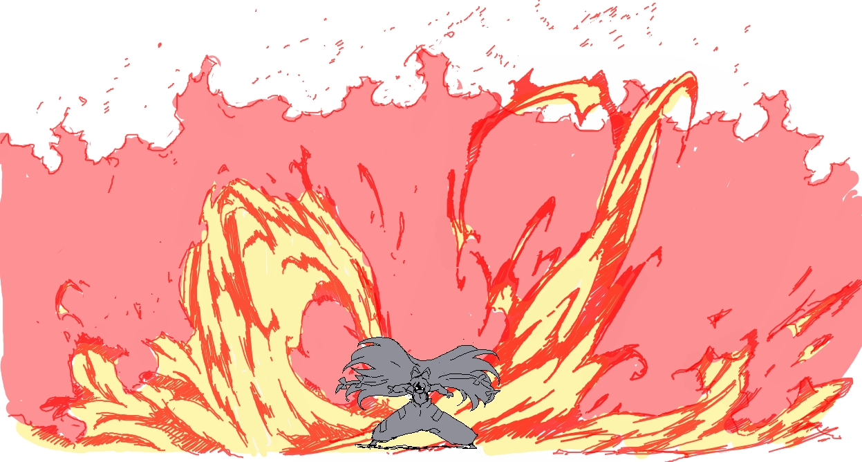 ikuya koimori, fujiwara no mokou, touhou, bad id, bad pixiv id, 1girl, bow, female focus, fighting stance, fire, hair bow, long hair, oekaki, outstretched arms, pants, solo, spread arms, very long hair, wind, wind lift