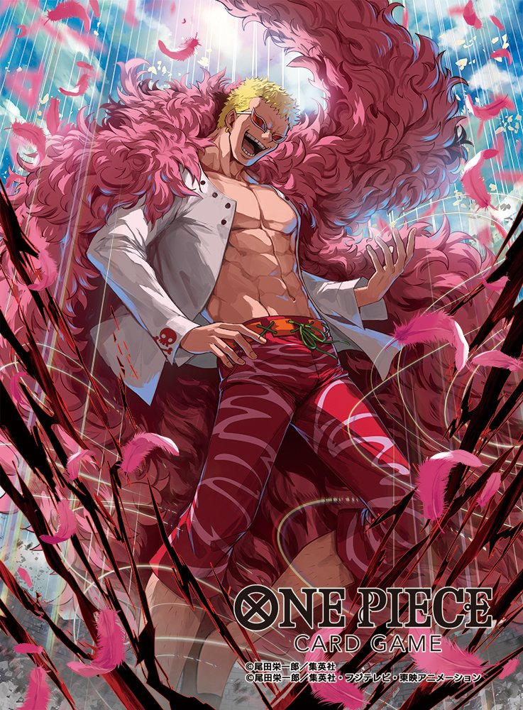 moreshan, donquixote doflamingo, one piece, one piece card game, commentary request, official art, 1boy, abs, blonde hair, cape, cloud, copyright name, earrings, evil smile, feather cape, feathers, jewelry, leg hair, outdoors, pink cape, pink feathers, shirt, short hair, smile, solo, string, sunglasses, white shirt