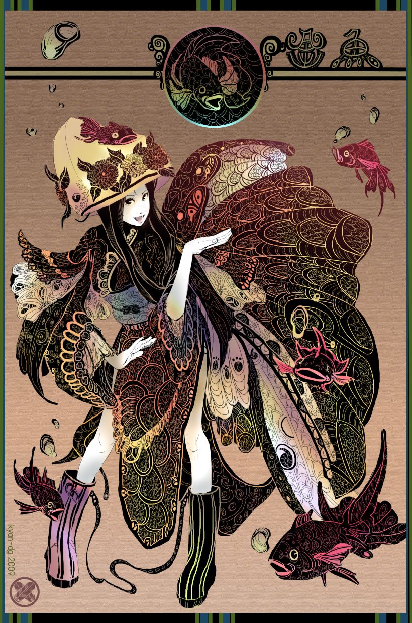 kyan-dog, original, highres, black hair, boots, butterfly wings, fish, goldfish, hat, insect wings, japanese clothes, kimono, solo, wings