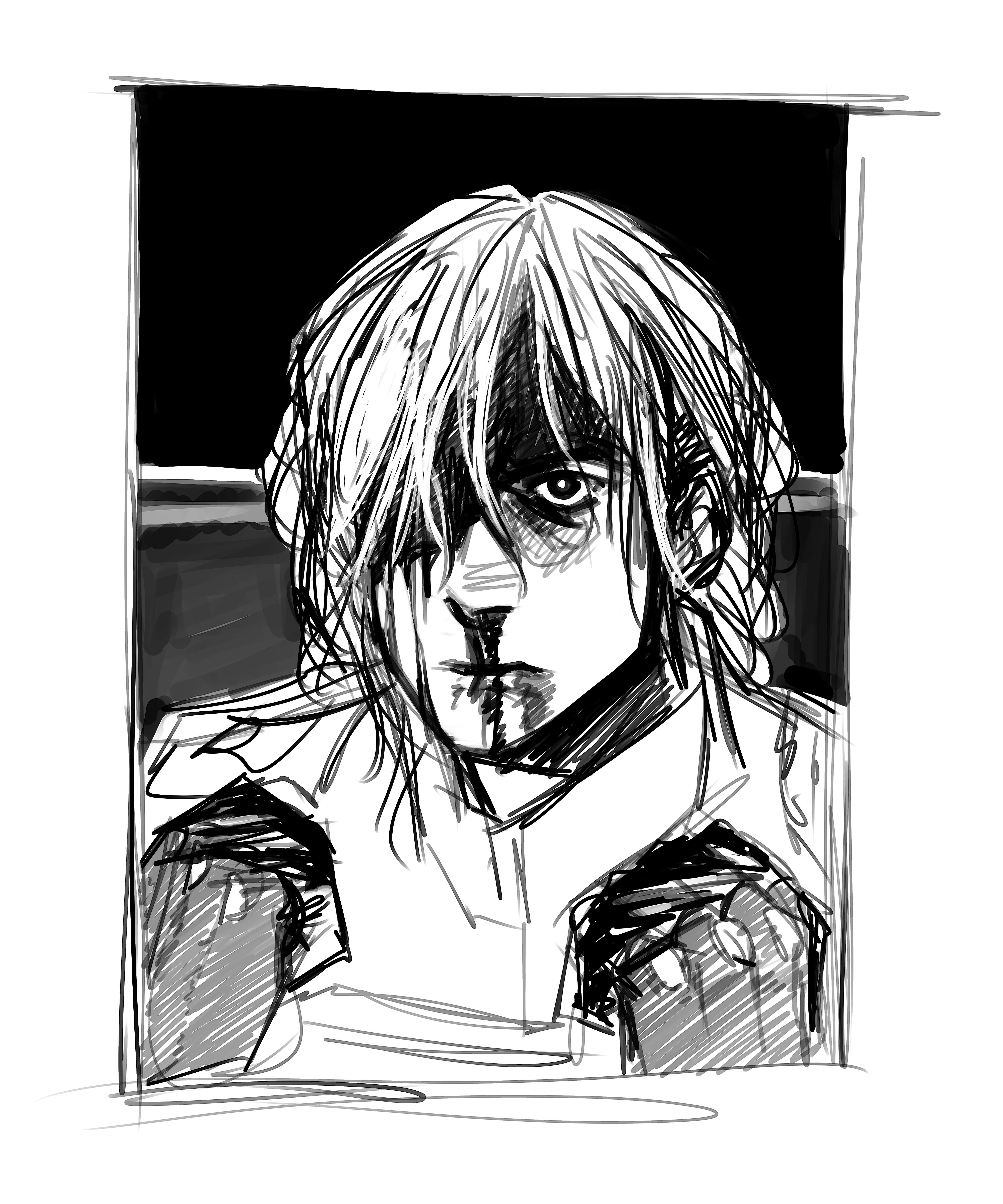 kenneth del duca, robert de niro, original, absurdres, commission, commissioner upload, highres, non-web source, 1boy, blood, greyscale, hair between eyes, long hair, looking at viewer, male focus, monochrome, nosebleed, poster parody, raging bull, russo-ukrainian war, serious, sketch, solo, upper body, veli