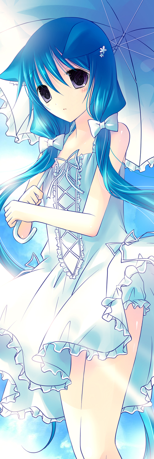 nicolla, vanilla (artist), vanilla (nicolla), momomeno (7th dragon), princess (7th dragon), 7th dragon, 7th dragon (series), bad id, bad pixiv id, highres, 1girl, animal ears, bare shoulders, blue hair, bow, dress, female focus, hair bow, long hair, purple eyes, solo, umbrella, very long hair, white dress