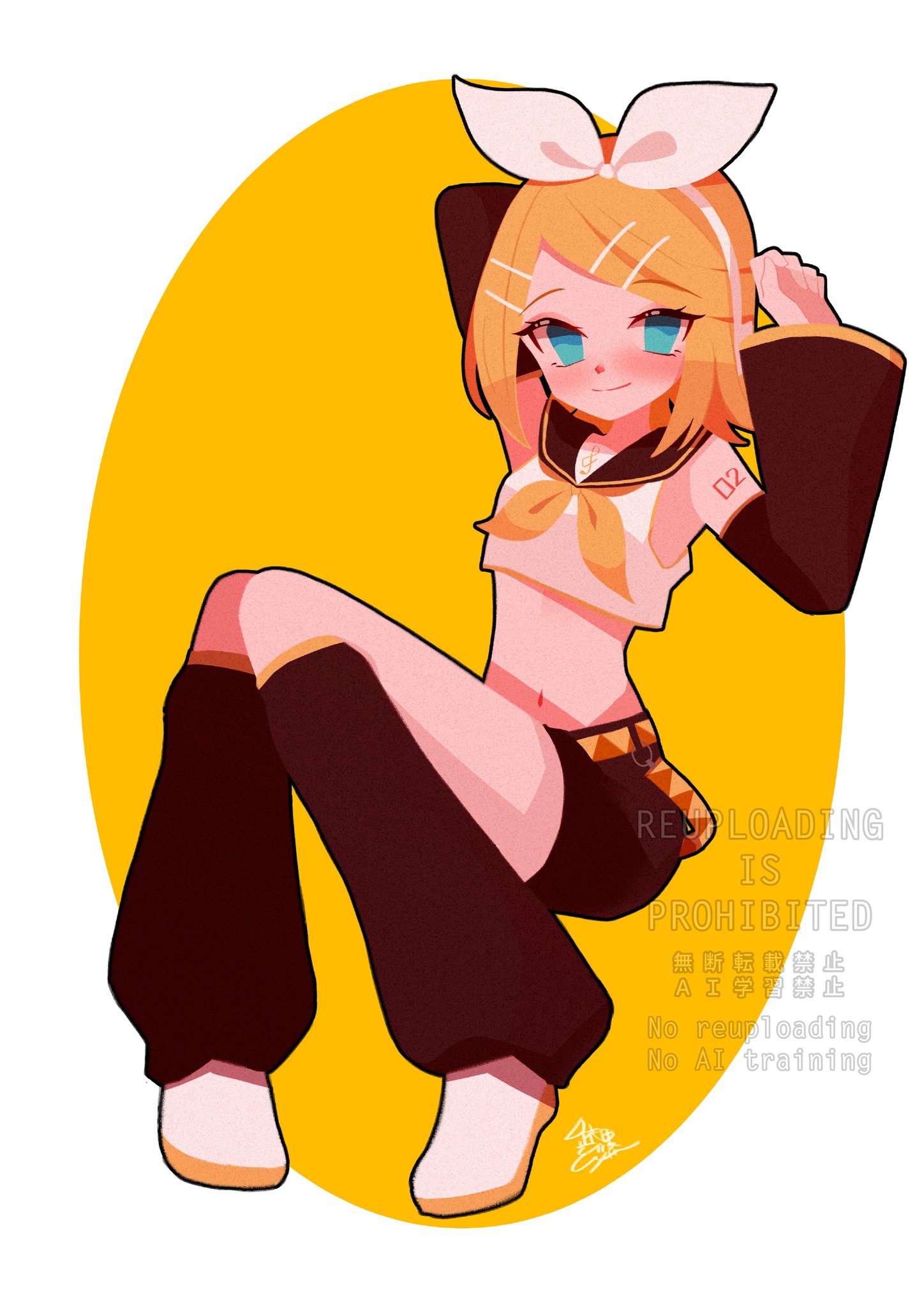 yorita genyu, kagamine rin, vocaloid, hashtag-only commentary, highres, 1girl, aqua eyes, arm up, bare shoulders, belt, blonde hair, bow, brown leg warmers, brown sailor collar, brown shorts, brown sleeves, crop top, eyelashes, hair bow, hair ornament, hairclip, headphones, headset, leg warmers, looking at viewer, medium hair, narrow waist, neckerchief, number tattoo, orange belt, sailor collar, shirt, shorts, shoulder tattoo, sitting, sleeveless, sleeveless shirt, smile, solo, stretching, swept bangs, tattoo, treble clef, white bow, yellow neckerchief
