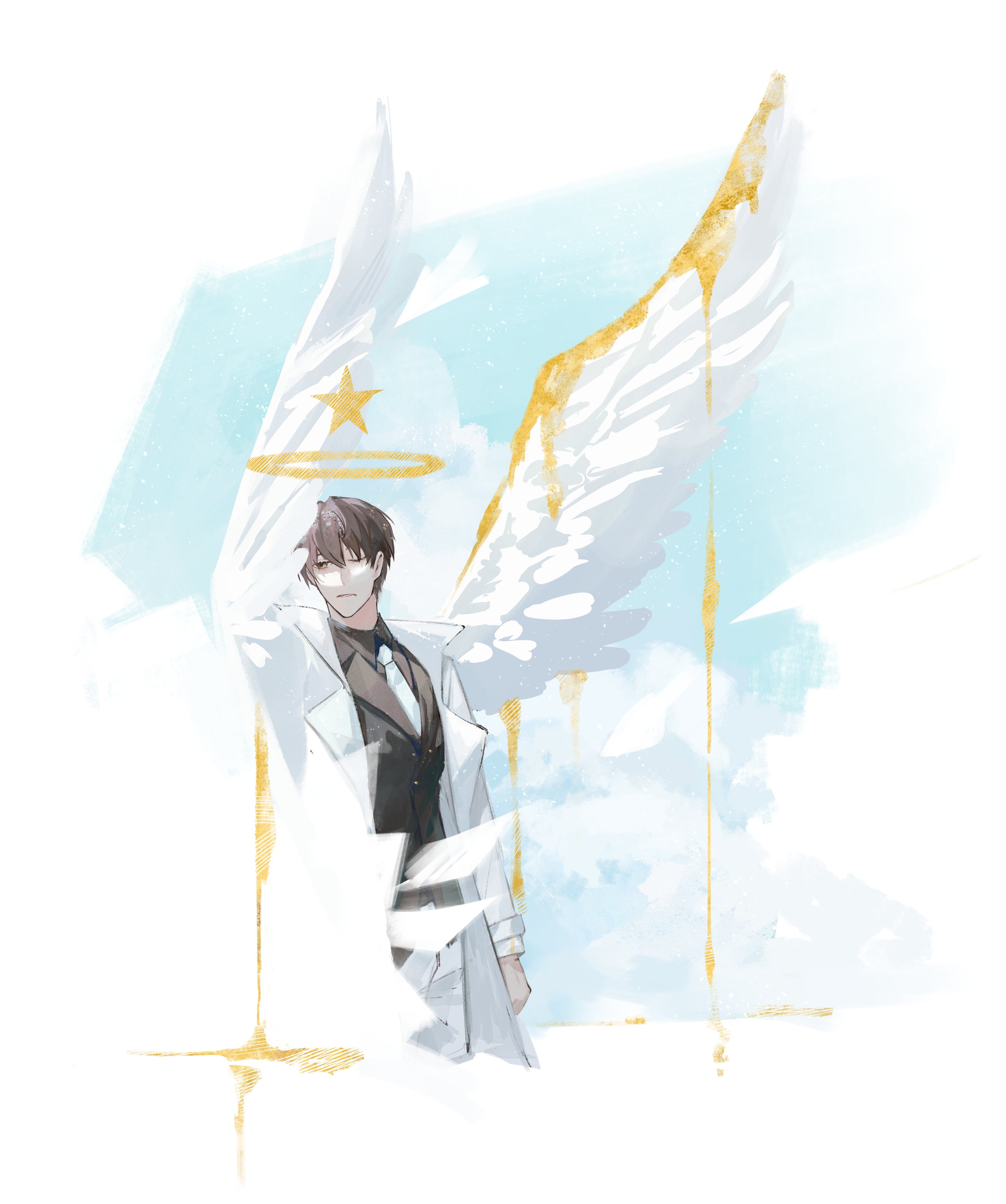 kim dokja, omniscient reader's viewpoint, absurdres, commentary request, highres, variant set, 1boy, angel, black hair, black shirt, black vest, blending, cloud, cloudy sky, coat, collared shirt, day, dripping, falling paper, feathered wings, feet out of frame, halo, looking to the side, male focus, necktie, open clothes, open coat, outdoors, sanjinmogufufu, shirt, short hair, sky, solo, star (symbol), vest, white coat, white necktie, white wings, wings, yellow blood