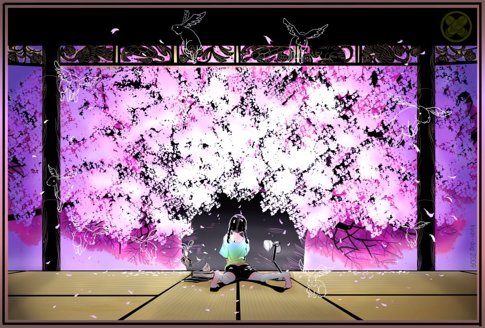 kyan-dog, original, 1girl, back, barefoot, bike shorts, black hair, braid, cherry blossoms, female focus, petals, solo, tatami, twin braids