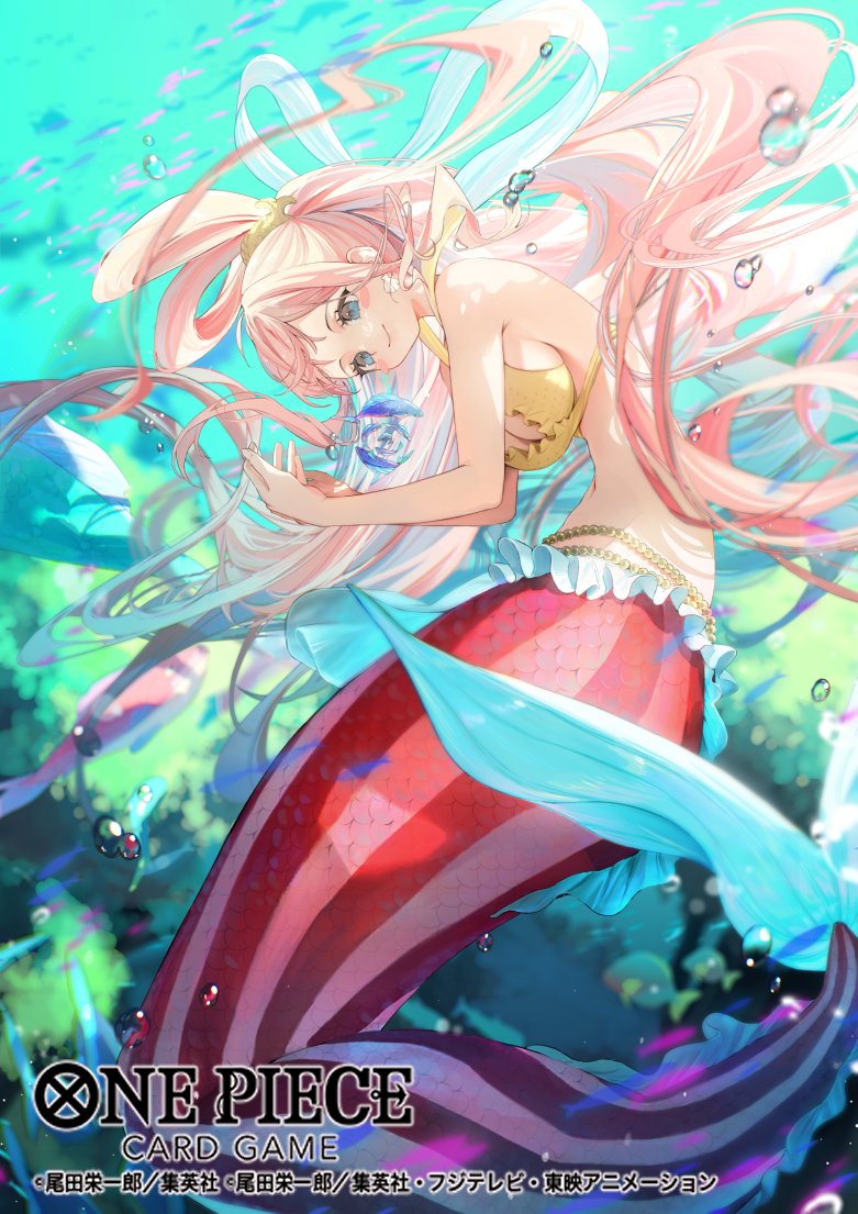harui (hr x9 ), shirahoshi, one piece, one piece card game, commentary request, official art, 1girl, bikini, blue eyes, blush stickers, bubble, copyright name, earrings, fish, floating hair, hagoromo, half updo, jewelry, long hair, mermaid, monster girl, navel, pink hair, profile, shawl, shell, shell earrings, smile, solo, swimsuit, underwater, yellow bikini