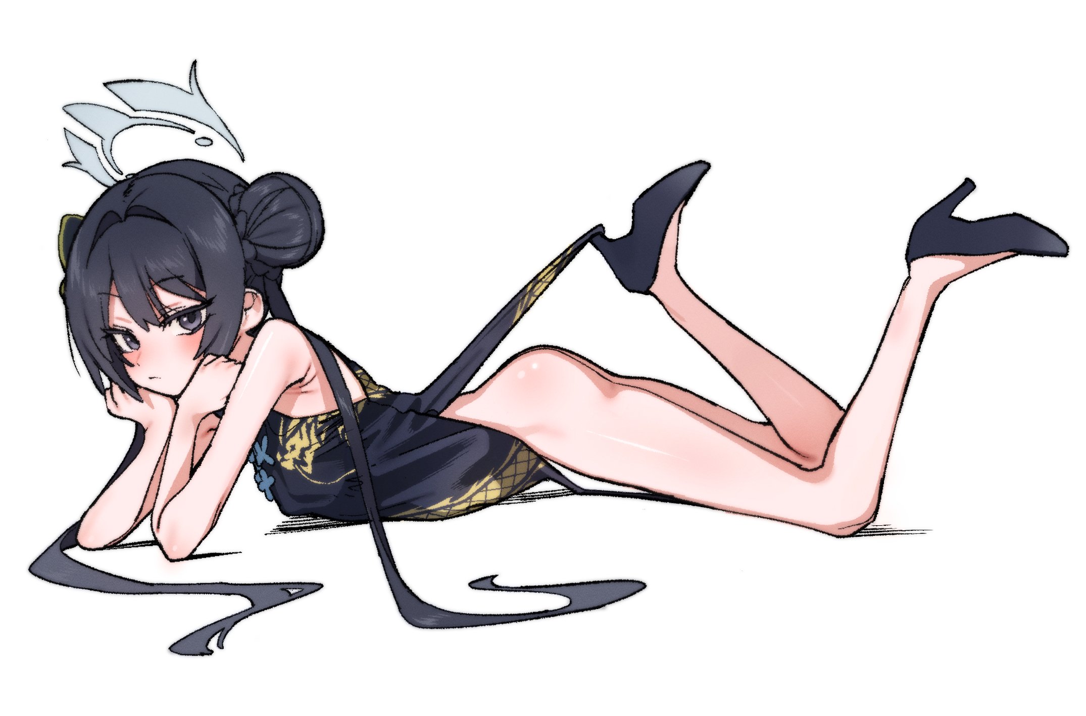 je o mo, kisaki (blue archive), blue archive, commentary request, highres, korean commentary, 1girl, armpit crease, bare arms, bare legs, black dress, black hair, china dress, chinese clothes, clothes lift, dot nose, double bun, dragon print, dress, dress lift, full body, grey eyes, hair bun, hair intakes, hair ornament, halo, head rest, high heels, hooked on heel, legs up, long hair, looking at viewer, lying, on stomach, sidelocks, simple background, sleeveless, sleeveless dress, solo, thighs, white background, white halo