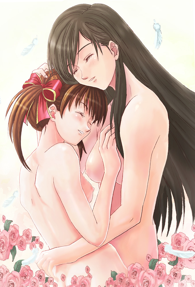 hamoto, fukuzawa yumi, ogasawara sachiko, maria-sama ga miteru, bad id, bad pixiv id, 00s, 2girls, age difference, breasts, brown hair, closed eyes, completely nude, couple, cuddling, feathers, flower, hair ribbon, height difference, hug, long hair, medium breasts, multiple girls, nipples, nude, ribbon, rose, smile, yuri
