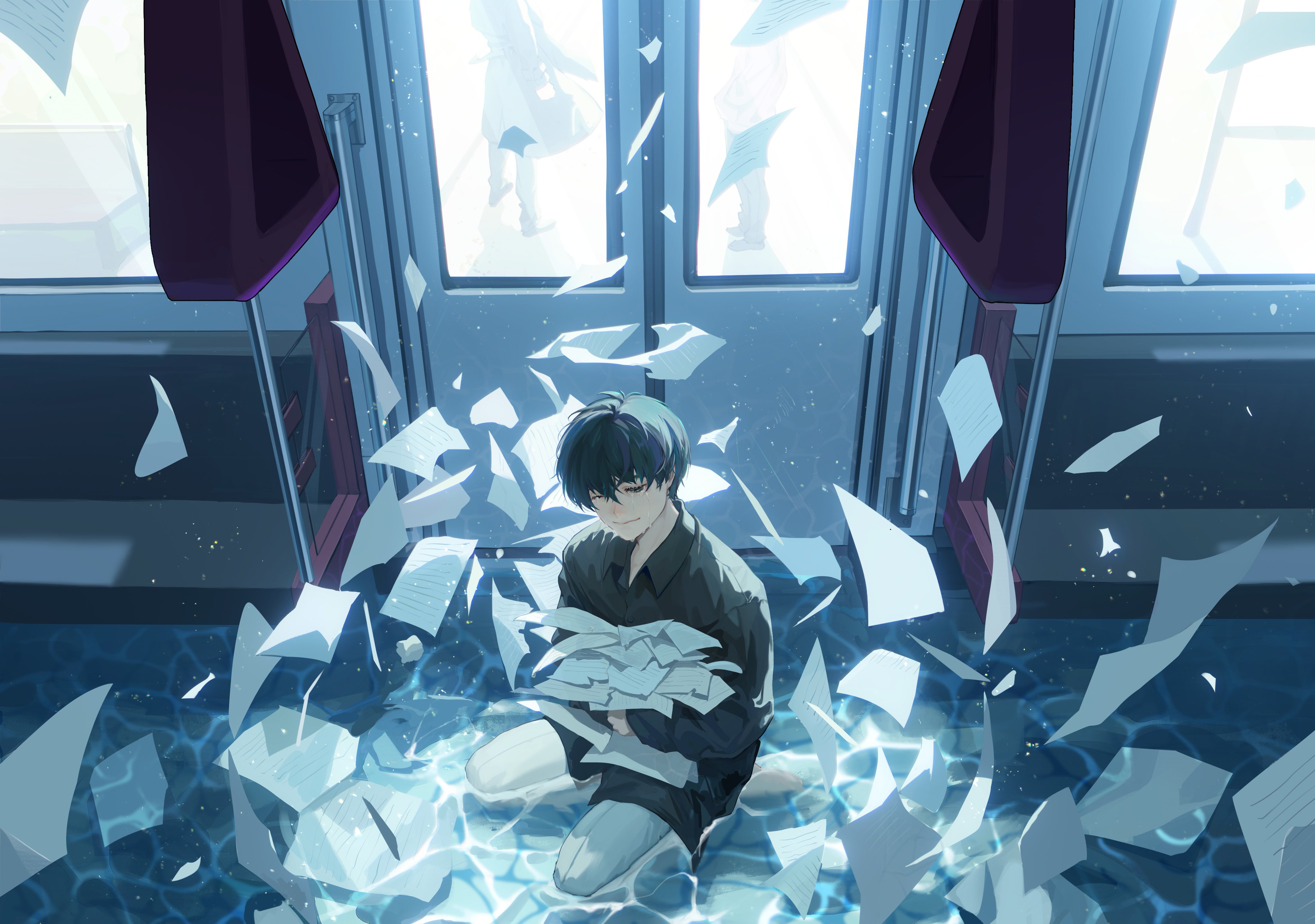 kim dokja, yoo joonghyuk, omniscient reader's viewpoint, absurdres, commentary request, highres, 1boy, black hair, black shirt, caustics, closed eyes, collared shirt, dual persona, fake halo, falling paper, from above, full body, halo, hand grip, indoors, light particles, male focus, partially submerged, sanjinmogufufu, seiza, shirt, short hair, sitting, smile, solo, too many papers, train interior