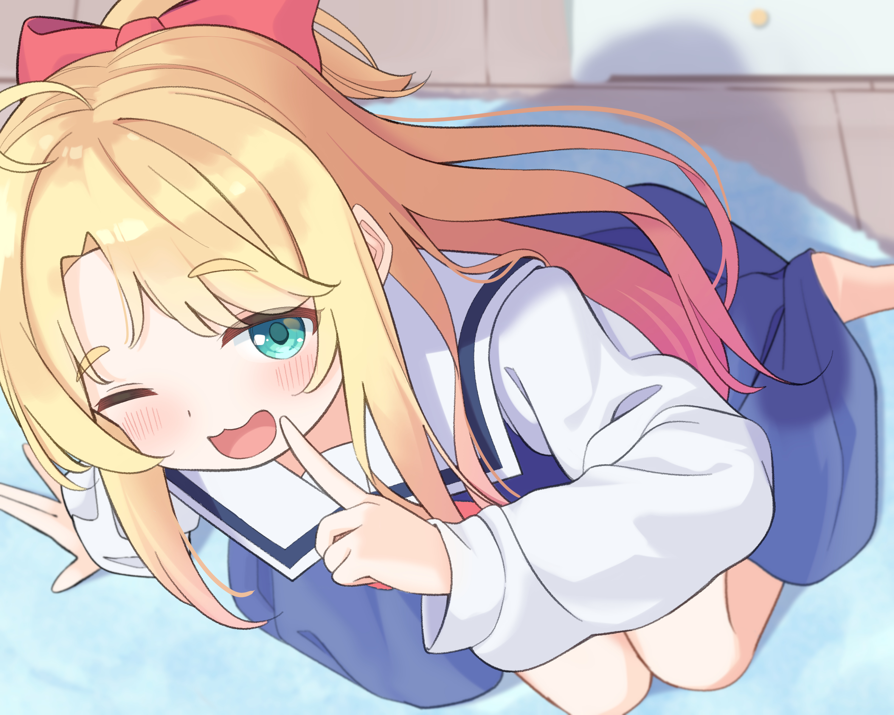 miyatanpo615, himesaka noa, watashi ni tenshi ga maiorita!, absurdres, commentary request, highres, 1girl, :3, ahoge, barefoot, blonde hair, blue dress, blush, dress, feet, finger to mouth, from above, green eyes, long hair, looking up, one eye closed, open mouth, ponytail, red ribbon, ribbon, school uniform, shirt, sitting, smile, solo, white shirt