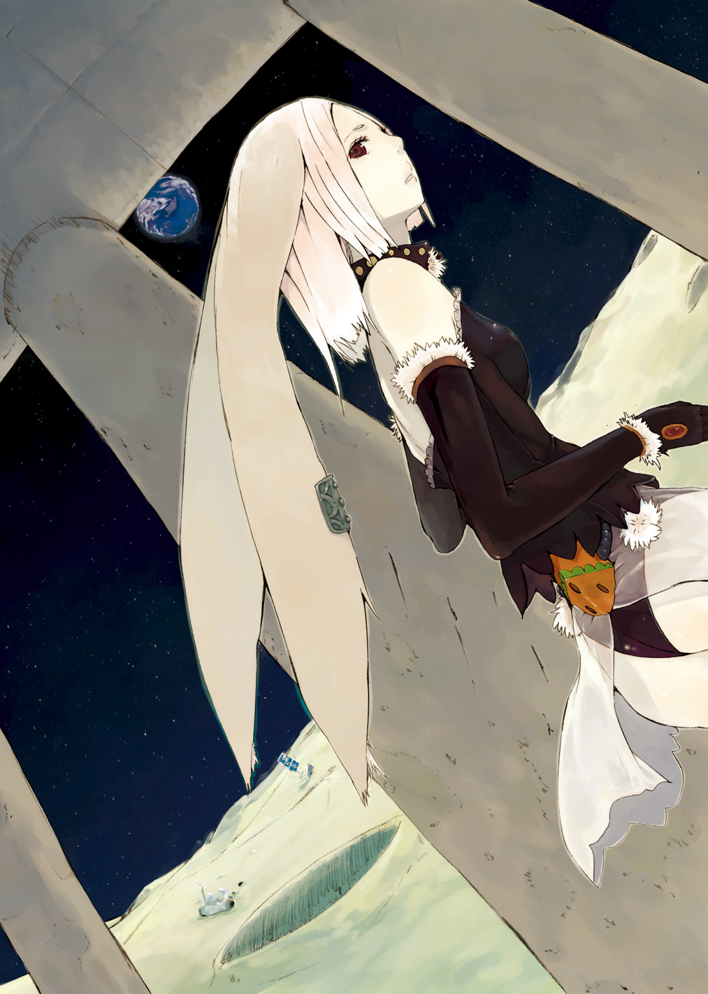 hrd, original, highres, animal ears, bare shoulders, collar, earth (planet), gloves, moon, pink hair, planet, rabbit ears, red eyes, see-through clothes, solo, world