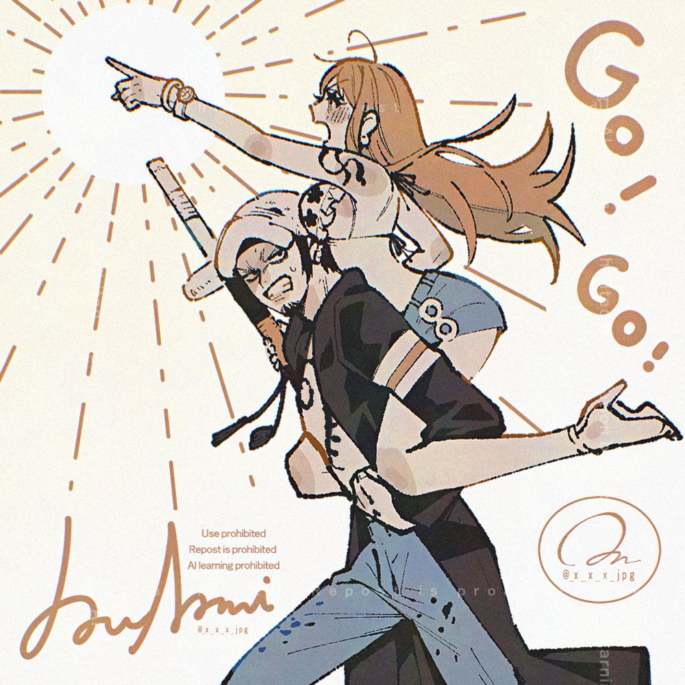 yum xoxo yum, nami (one piece), trafalgar law, one piece, commentary request, 1boy, 1girl, bangle, bare legs, bare shoulders, bikini, bikini top only, black coat, black hair, blue pants, blue shorts, blush, bracelet, breasts, carrying, carrying person, character name, chest tattoo, clenched teeth, coat, denim, earrings, emphasis lines, facial hair, feet out of frame, floating hair, frilled bikini, frills, from side, full body, halterneck, hat, holding, holding sword, holding weapon, jeans, jewelry, large breasts, long hair, looking at viewer, official alternate costume, open clothes, open coat, open mouth, orange hair, outstretched arm, pants, pearl earrings, piggyback, pointing, pointing forward, profile, sandals, sheath, sheathed, short shorts, shorts, shoulder tattoo, sweatdrop, swimsuit, sword, tattoo, teeth, twitter username, weapon, white hat