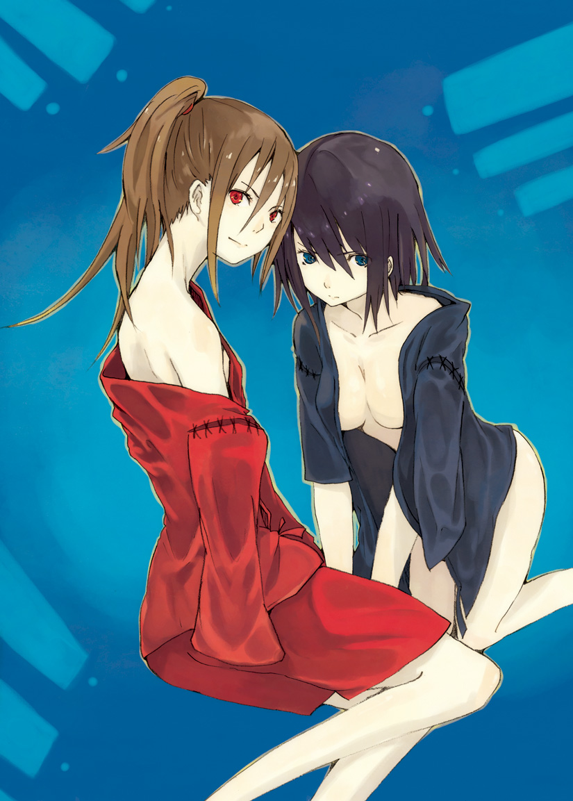 hrd, original, 2girls, bare shoulders, blue eyes, bottomless, japanese clothes, multiple girls, open clothes, open shirt, red eyes, shirt