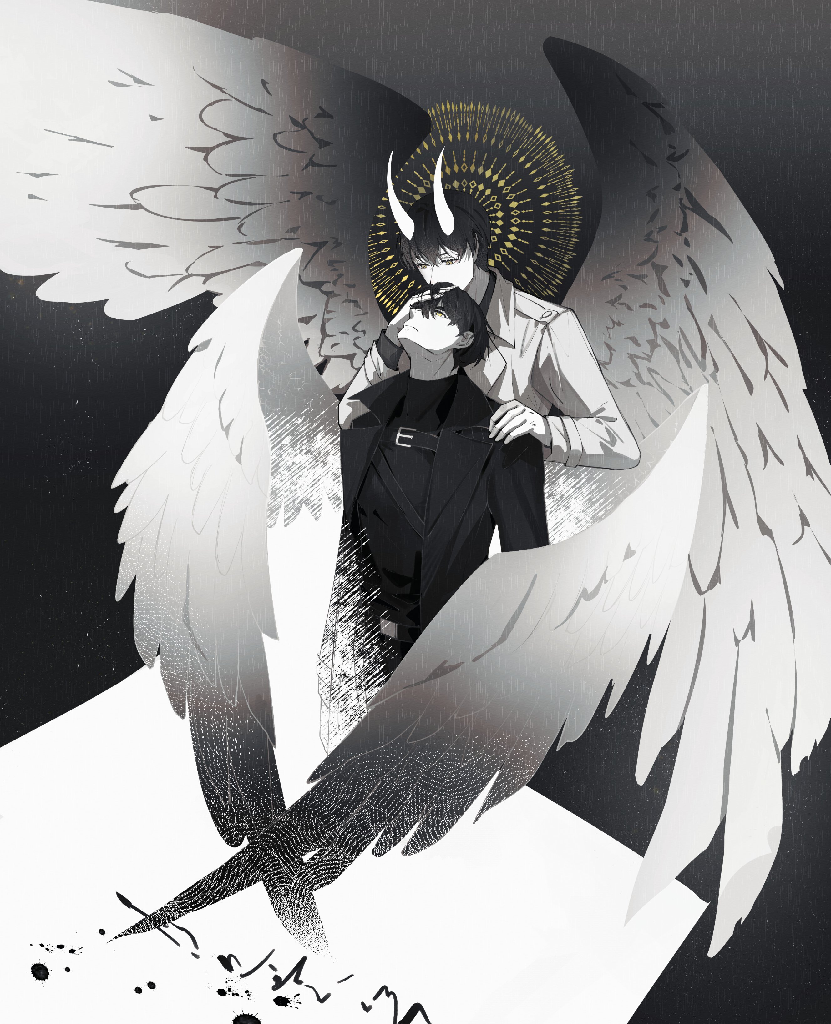 kim dokja, yoo joonghyuk, omniscient reader's viewpoint, absurdres, commentary, highres, symbol-only commentary, 2boys, black coat, black hair, black shirt, black wings, chest belt, coat, demon horns, feathered wings, hand on another's head, hand on another's shoulder, height difference, horns, looking at another, looking up, male focus, multiple boys, multiple wings, open clothes, open coat, partially colored, sanjinmogufufu, shirt, short hair, white coat, wings