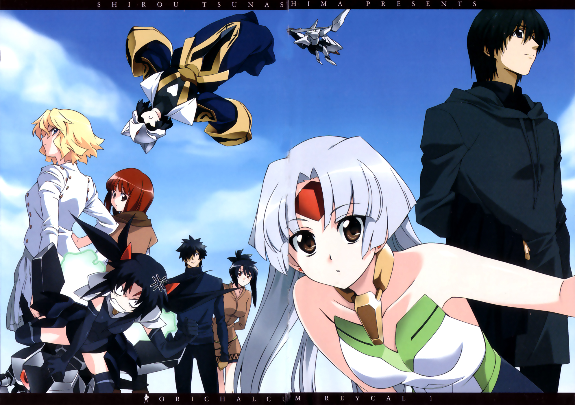 hihiro, tsunashima shirou, karikumu, reycal, orichalcum reycal, highres, 2boys, 6+girls, armor, black eyes, black hair, blonde hair, brown eyes, brown hair, facial mark, forehead mark, multiple boys, multiple girls, white hair