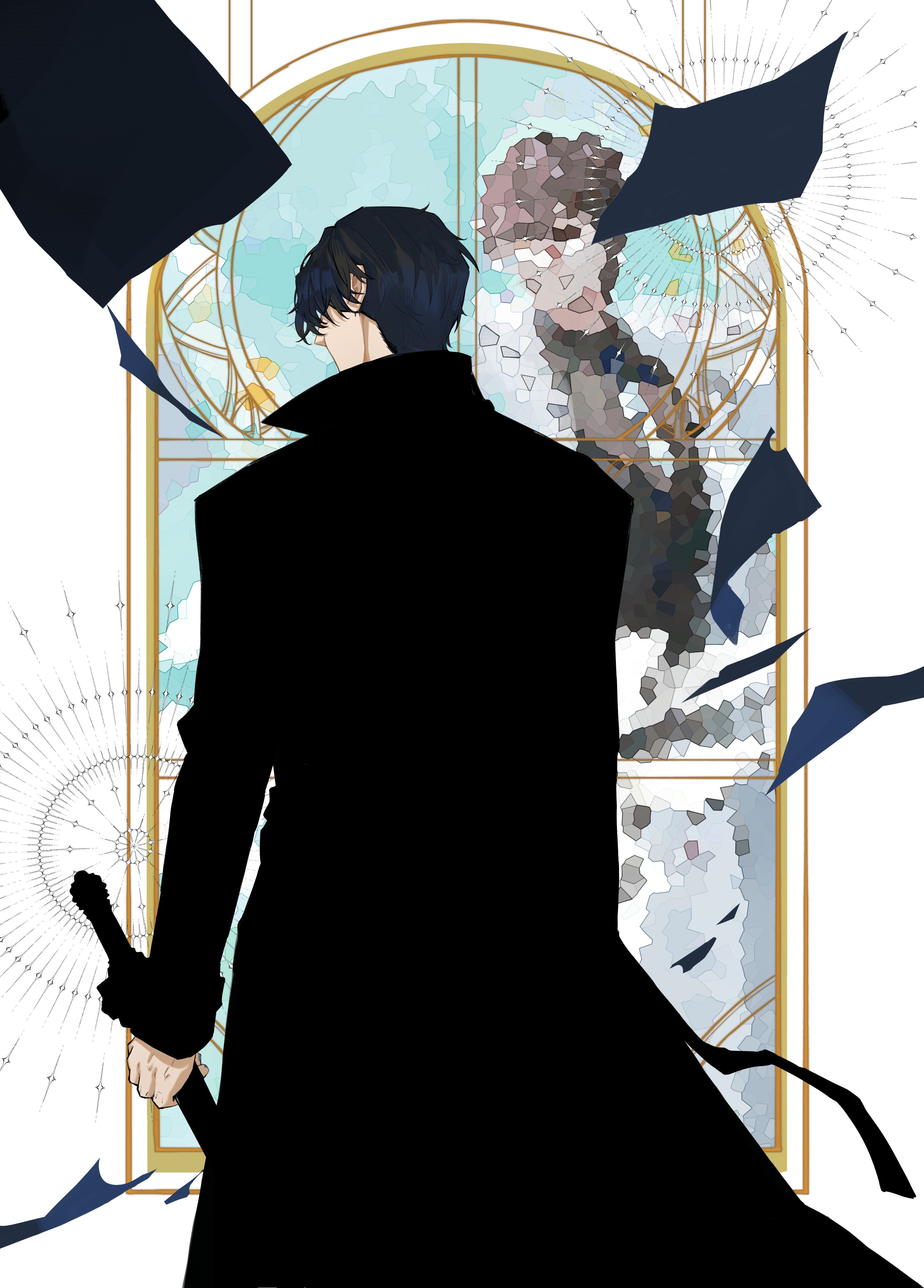 kim dokja, yoo joonghyuk, omniscient reader's viewpoint, absurdres, commentary request, highres, 1boy, black coat, black hair, censored, censored identity, clenched hand, coat, falling paper, from behind, holding, holding sword, holding weapon, male focus, mosaic art, open clothes, open coat, popped collar, sanjinmogufufu, short hair, sword, weapon