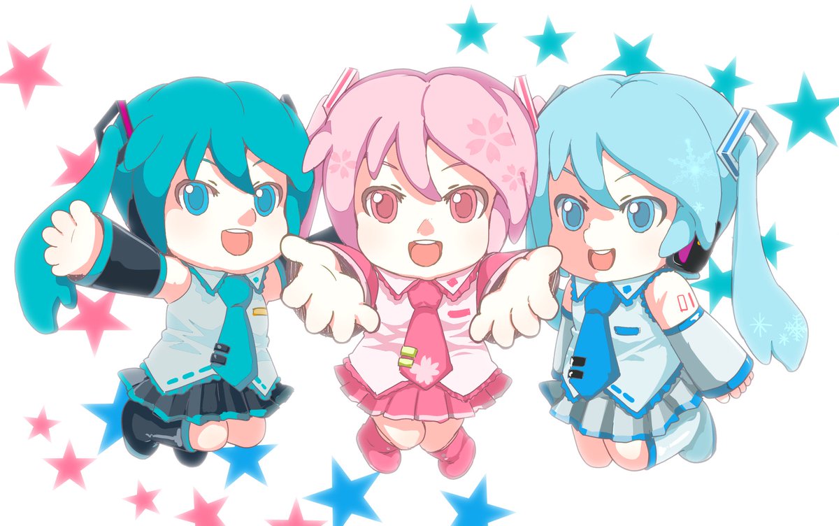 asanome, hatsune miku, mikudayo, sakura miku, yuki miku, yuki miku (2010), vocaloid, commentary request, 3girls, aqua eyes, aqua hair, aqua necktie, black shoes, black skirt, black sleeves, blue eyes, blue hair, collared shirt, detached sleeves, full body, grey shirt, grey skirt, grey sleeves, long sleeves, looking at viewer, multiple girls, multiple persona, necktie, pink eyes, pink hair, pink shoes, pink skirt, pink sleeves, pleated skirt, shirt, shoes, skirt, sleeveless, sleeveless shirt, star (symbol), tie clip, twintails, white shoes