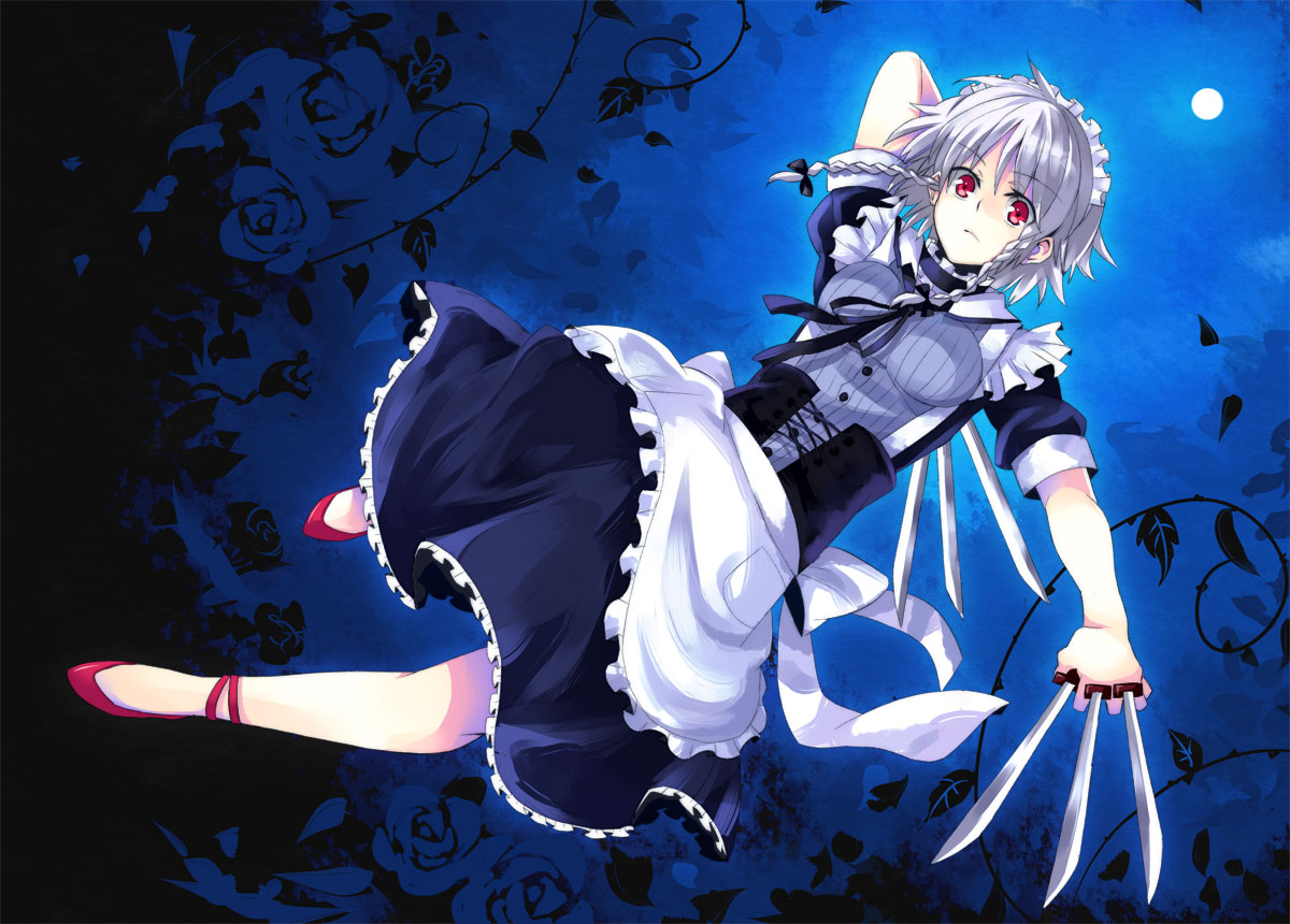 kimino tomonari, yatosaki haru, izayoi sakuya, touhou, silver hair, bad id, bad pixiv id, colorized, 1girl, braid, female focus, knife, short hair, solo, twin braids