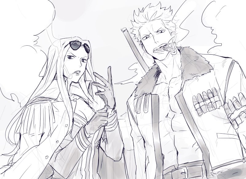 mango wa, hina (one piece), smoker (one piece), one piece, commentary request, korean commentary, 1boy, 1girl, abs, cigar, cigarette, coat, coat on shoulders, epaulettes, eyewear on head, fur-trimmed jacket, fur trim, gloves, greyscale, jacket, long hair, looking at viewer, monochrome, short hair, smile, upper body