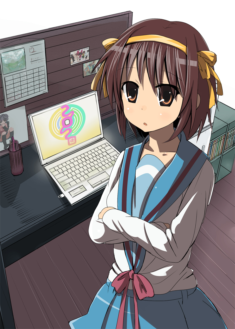 ebibaachan, suzumiya haruhi, suzumiya haruhi no yuuutsu, bad id, bad pixiv id, 00s, 1girl, brown eyes, brown hair, computer, computer keyboard, crossed arms, desk, female focus, hairband, laptop, school uniform, serafuku, short hair, solo