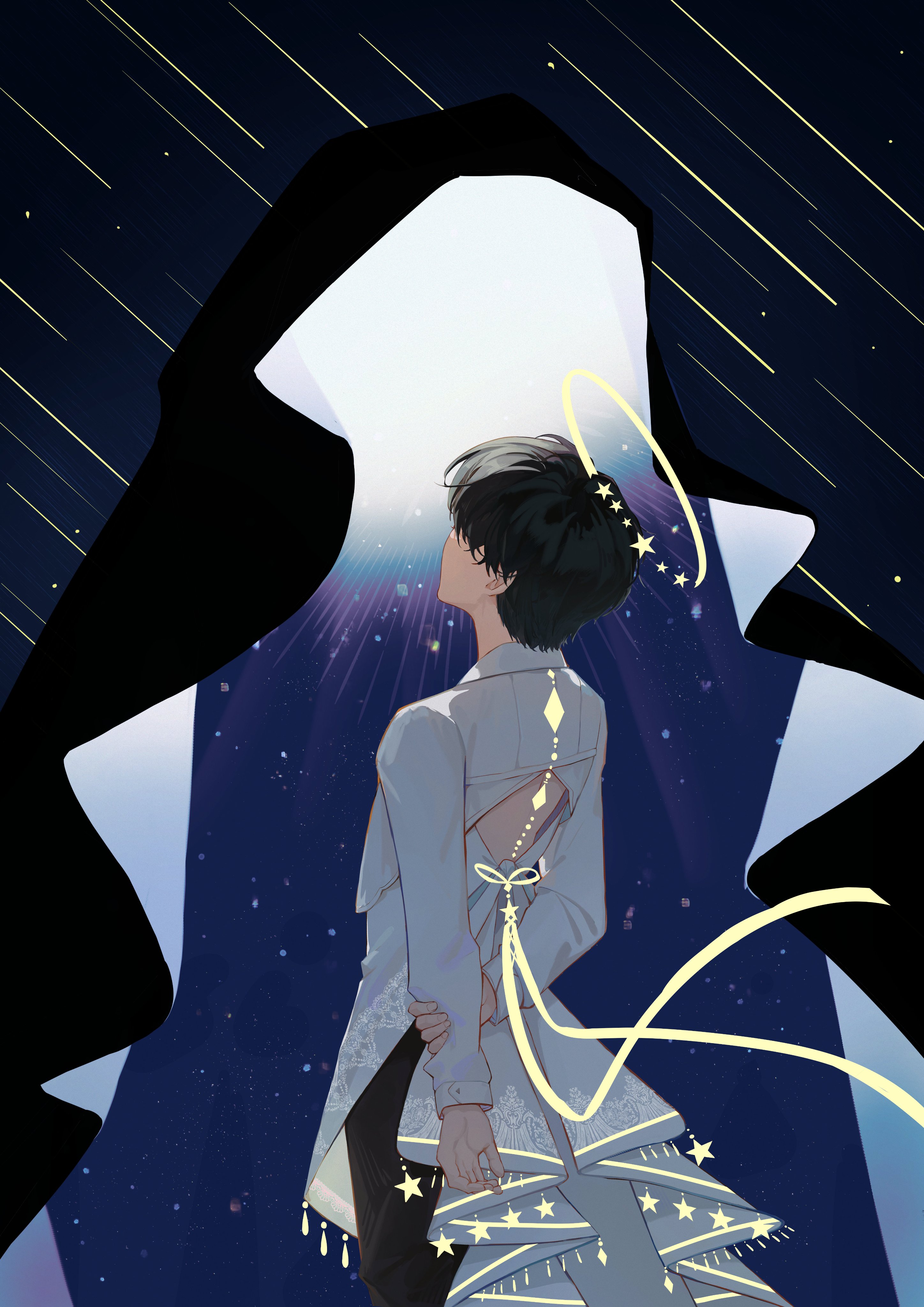 kim dokja, secretive plotter, yoo joonghyuk, omniscient reader's viewpoint, absurdres, commentary request, highres, 1boy, arms behind back, back cutout, black hair, clothing cutout, coat, floating clothes, glowing, halo, hand on own arm, head tilt, meteor, night, sanjinmogufufu, short hair, sky, star (sky), starry sky, unworn clothes, white coat