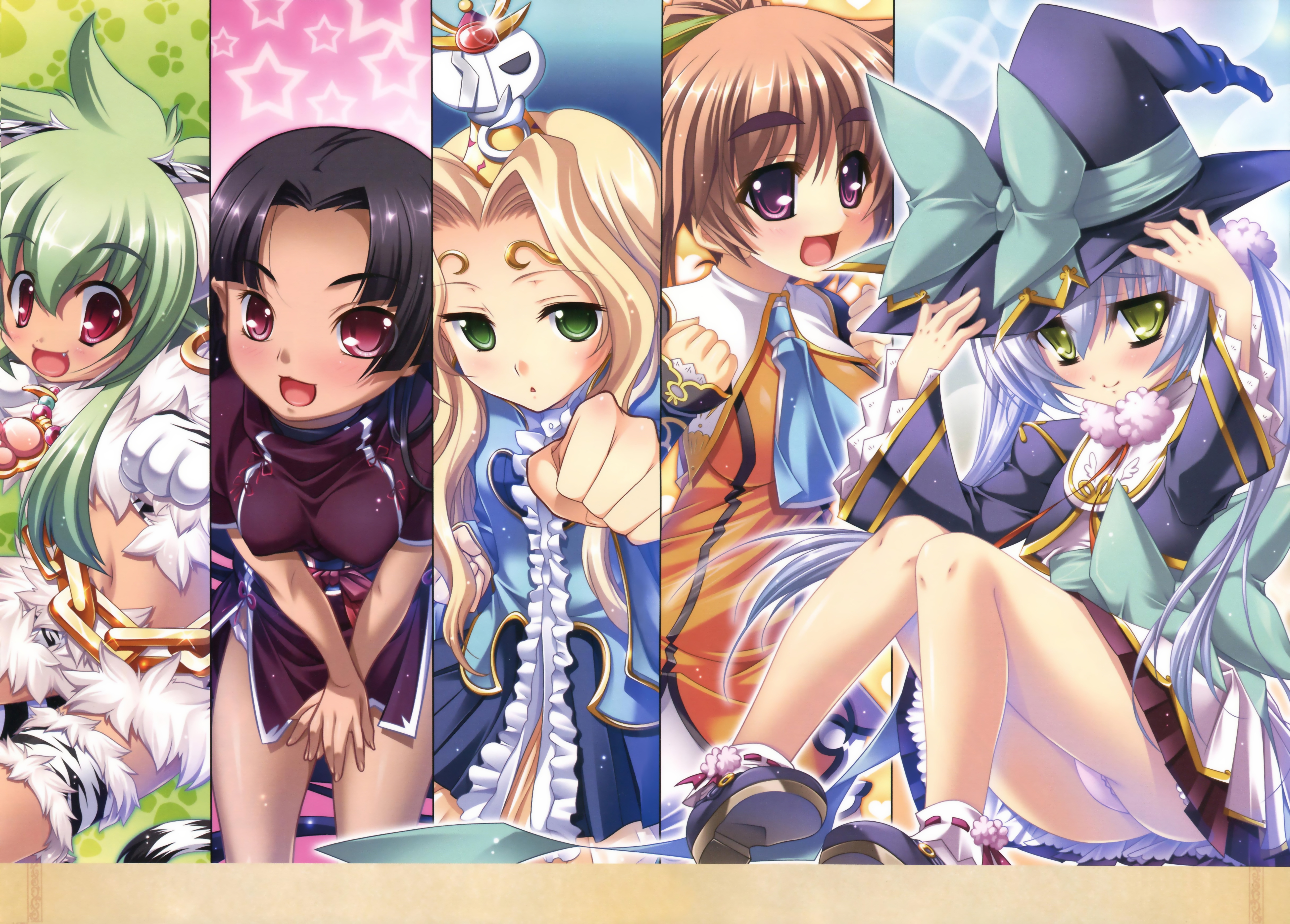 hikage eiji, kantaka, katagiri hinata, kuwada yuuki, yatsuha kanan, batai (koihime musou), houtou (koihime musou), moukaku (koihime musou), shuutai (koihime musou), teiiku (koihime musou), tora (koihime musou), koihime musou, fur, light purple hair, absurdres, highres, official art, 00s, 5girls, animal print, black hair, blonde hair, blush, brown hair, china dress, chinese clothes, clenched hand, column lineup, crown, dress, fang, green eyes, hat, leaning forward, multiple girls, panties, pantyshot, pink eyes, pink panties, purple eyes, purple hair, sitting, skirt, smile, tiger print, underwear, witch, witch hat