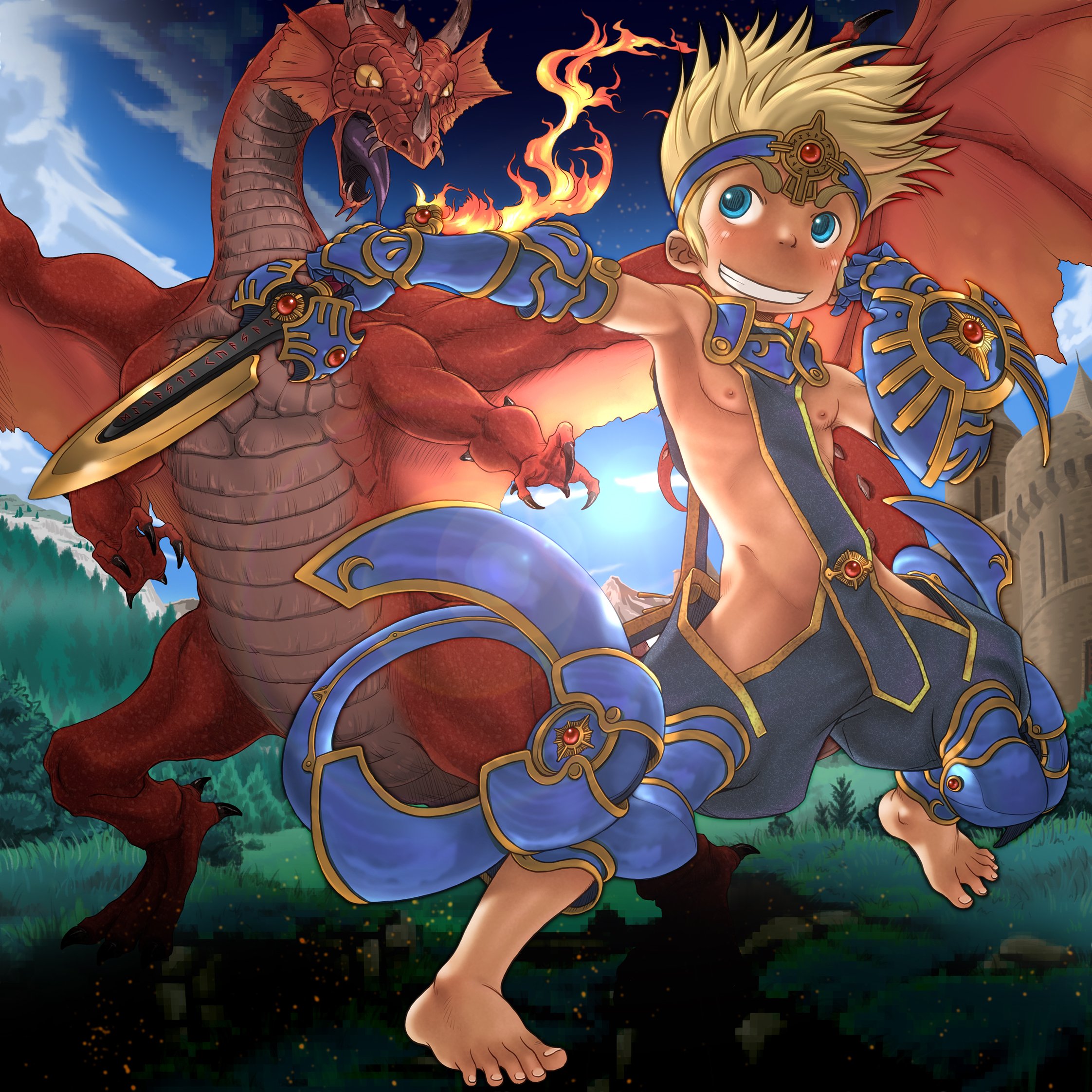 hada toshiya, original, highres, 1boy, armor, barefoot, blonde hair, blue eyes, dragon, fire, holding, holding weapon, male focus, revealing armor, short hair, smile, solo, sword, weapon