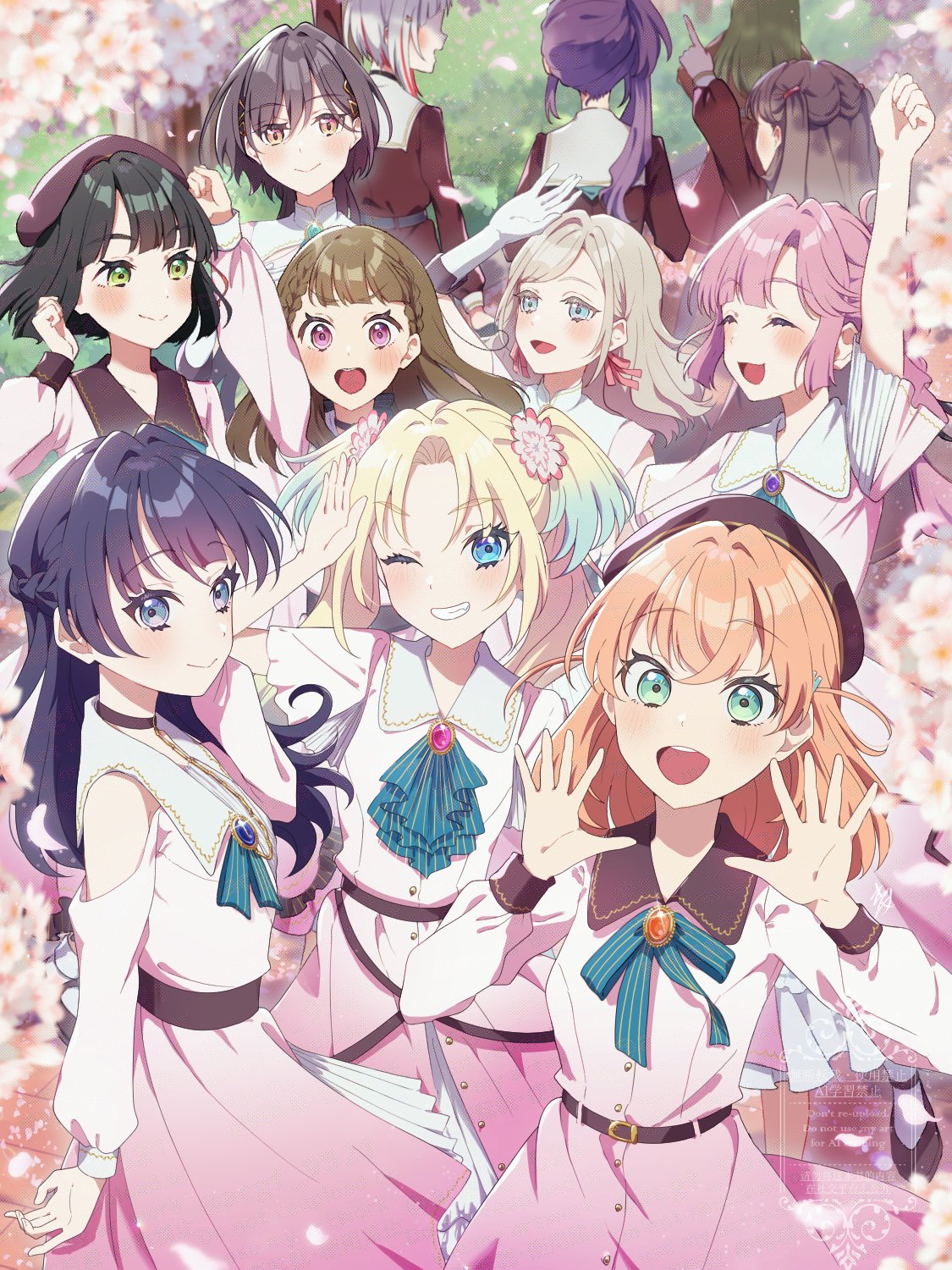 kyaku tasu, anyoji hime, ceras yanagida lilienfeld, fujishima megumi, hinoshita kaho, kachimachi kosuzu, katsuragi izumi, momose ginko, murano sayaka, ogami sachi, osawa rurino, otomune kozue, yugiri tsuzuri, link! like! love live!, love live!, commentary request, highres, 6+girls, :d, ahoge, aqua neckerchief, arm up, ascot, beret, black hair, black ribbon, blonde hair, blue eyes, blue hair, blunt bangs, bob cut, braid, brown dress, brown hair, brown hat, center-flap bangs, cherry blossoms, clenched hand, closed mouth, clothing cutout, curtained hair, dream believers, dress, flower, fold-over gloves, frilled ascot, frills, gloves, gradient hair, green ascot, green eyes, green hair, green ribbon, grey hair, hair flower, hair ornament, hair ribbon, hasu no sora school uniform, hat, index finger raised, jellyfish cut, long hair, long sleeves, looking at viewer, multi-tied hair, multicolored hair, multiple girls, neck ribbon, neckerchief, open mouth, orange eyes, orange hair, petals, pink dress, pink flower, pink hair, pink ribbon, pinstripe ascot, pinstripe ribbon, ponytail, purple hair, rabbit hair ornament, raised fist, red streaks, ribbon, sailor collar, sailor dress, school uniform, short hair, short sleeves, shoulder cutout, side braids, side ponytail, sidelocks, smile, teeth, triangle hair ornament, twintails, two side up, upper teeth only, virtual youtuber, watermark, white gloves, white sailor collar, winter uniform