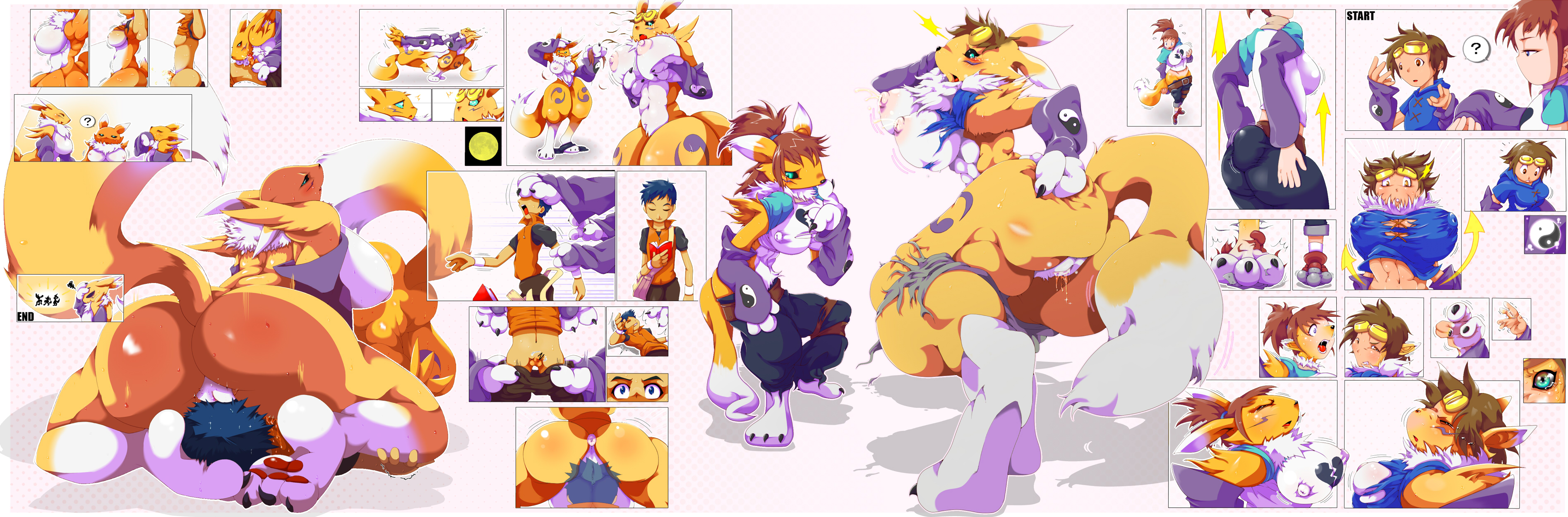 utsuo-kami, lee jianliang, makino ruki, matsuda takato, renamon, digimon, digimon tamers, absurdres, highres, long image, wide image, 00s, 2boys, 2girls, 4girls, 69, animal ears, animal hands, anus, ass, ass expansion, barefoot, breast expansion, breasts, digimon (creature), feet, femdom, fox tail, furry, genderswap, girl on top, group sex, huge ass, huge breasts, large breasts, male to female, multiple boys, multiple girls, nude, pawpads, penis, pussy, pussy juice, reverse spitroast, right-to-left comic, sequential, sex, shota, sitting, sitting on face, sitting on person, soles, sweat, tail, threesome, toes, transformation, yin yang