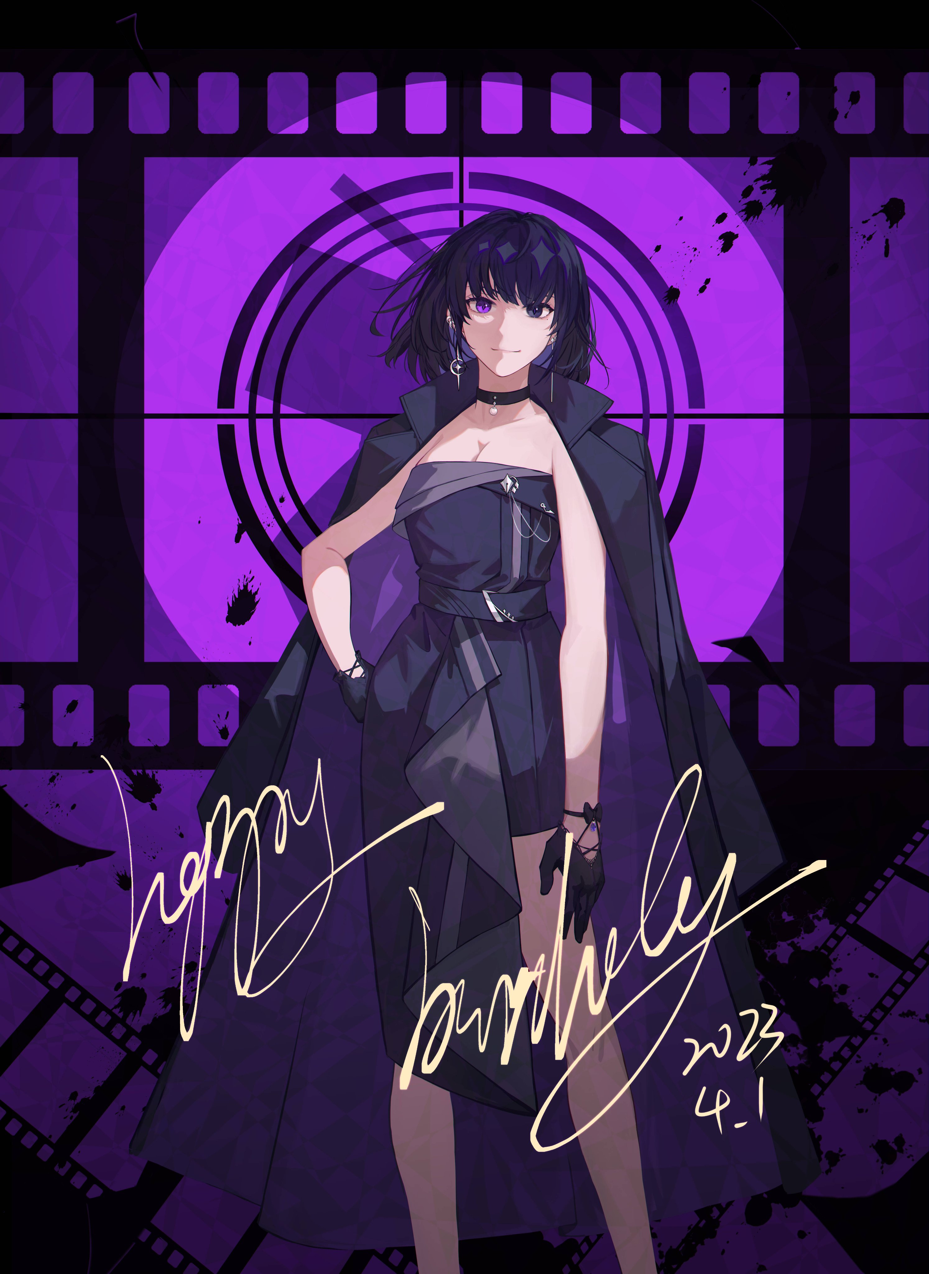han sooyoung, omniscient reader's viewpoint, absurdres, commentary request, highres, 1girl, black dress, black eyes, black gloves, black hair, black jacket, bob cut, breasts, cleavage, contrapposto, cursive, dress, earrings, english text, feet out of frame, film reel, gloves, hand on own hip, happy birthday, head tilt, heterochromia, jacket, jacket on shoulders, jewelry, looking at viewer, purple eyes, sanjinmogufufu, short hair, smile, solo, spotlight, standing
