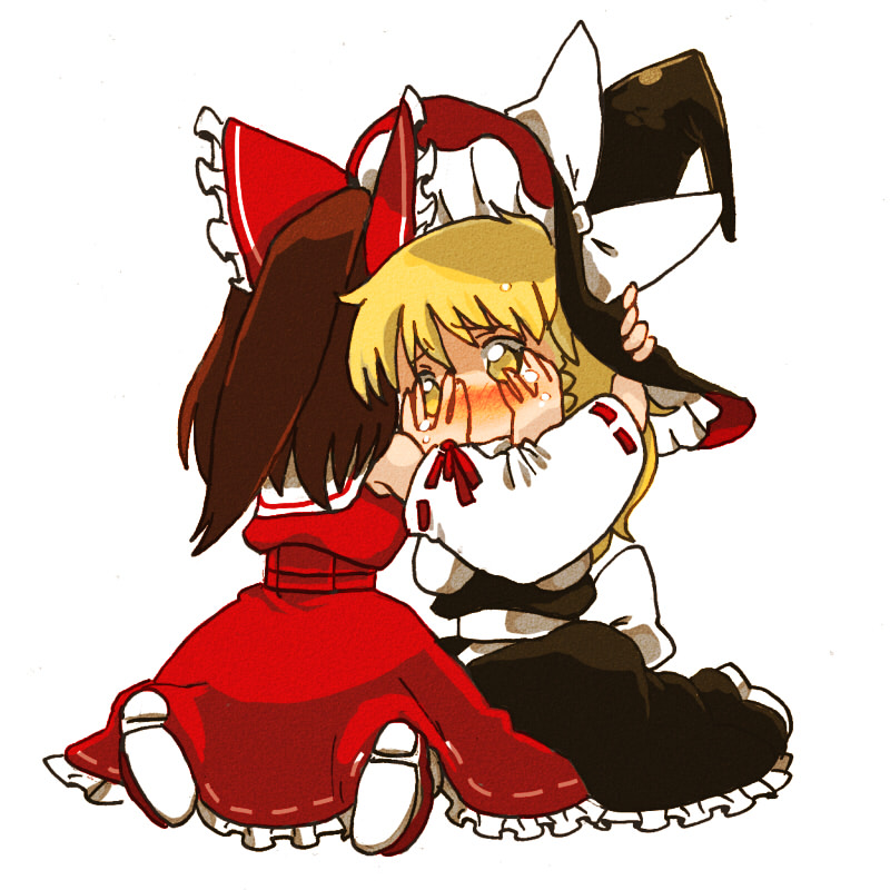 8bit, hachi (8bit canvas), hakurei reimu, kirisame marisa, touhou, bad id, bad pixiv id, 2girls, blonde hair, blush, comforting, female focus, kneeling, multiple girls, ribbon, sitting, tears, white background