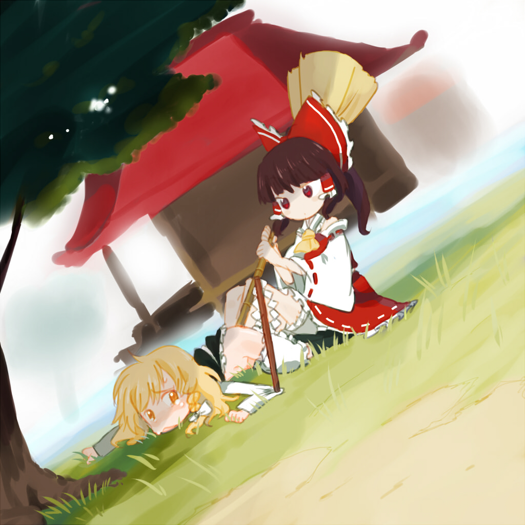 8bit, hachi (8bit canvas), hakurei reimu, kirisame marisa, touhou, bad id, bad pixiv id, 2girls, anal, anal object insertion, blonde hair, bloomers, bloomers pull, bow, broom, brown hair, dutch angle, female focus, gohei, hair bow, looking back, multiple girls, object insertion, red eyes, ribbon, tears, underwear, yellow eyes