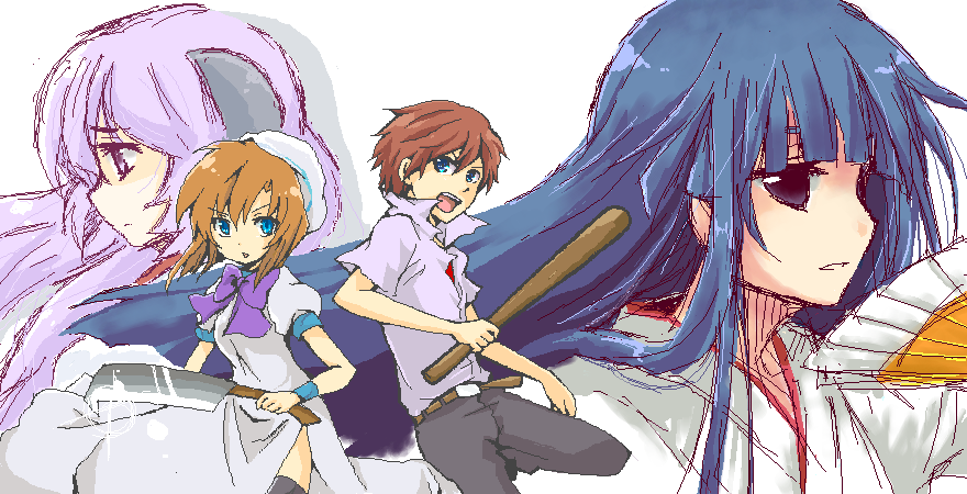 marimaru, furude rika, hanyuu, maebara keiichi, ryuuguu rena, higurashi no naku koro ni, bad id, bad pixiv id, 00s, 1boy, 3girls, baseball bat, billhook, blue hair, hand fan, hashitsuki nata, hatchet, japanese clothes, long hair, miko, multiple girls, nata (tool), oekaki, purple eyes, purple hair