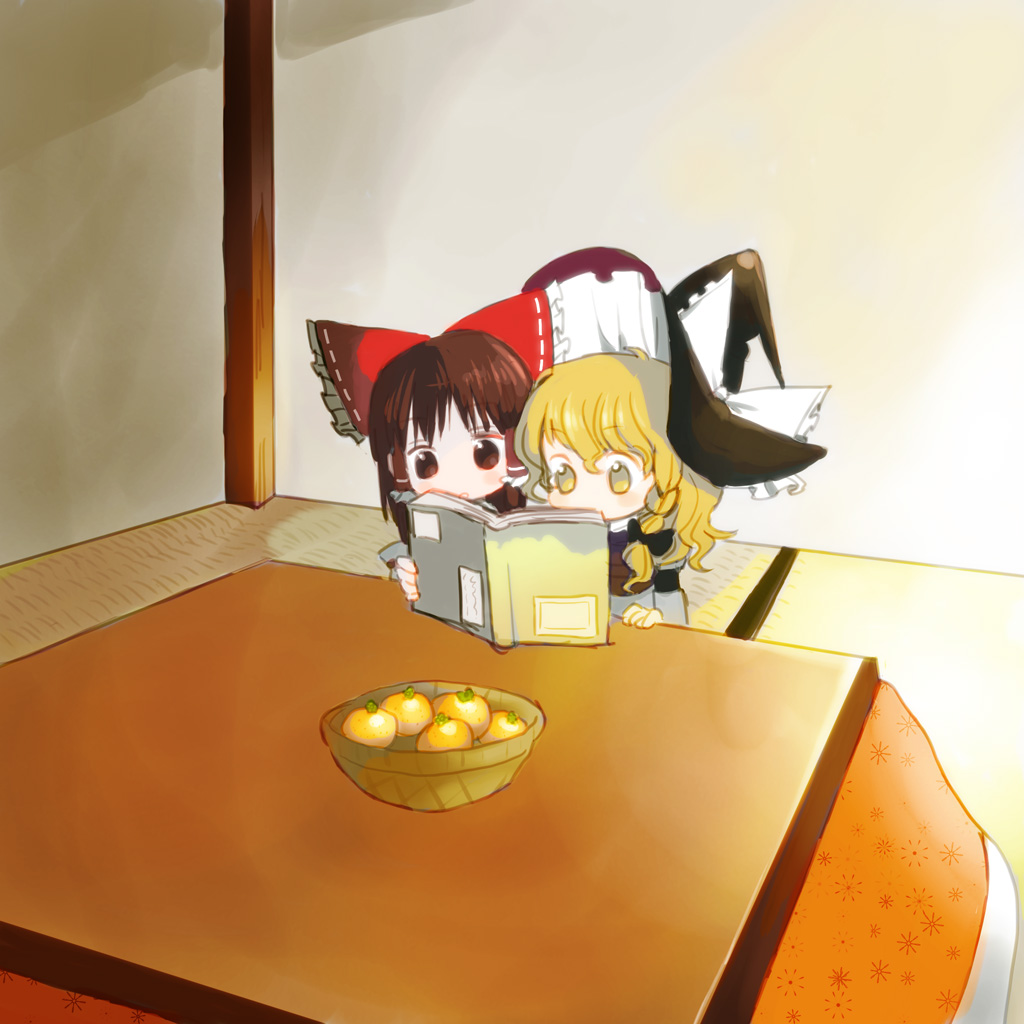 8bit, hachi (8bit canvas), hakurei reimu, kirisame marisa, touhou, bad id, bad pixiv id, 2girls, aged down, blonde hair, book, bow, braid, brown hair, female focus, food, fruit, hair bow, hat, kotatsu, mandarin orange, multiple girls, open book, reading, red eyes, ribbon, short hair, side braid, staring, table, witch hat, yellow eyes