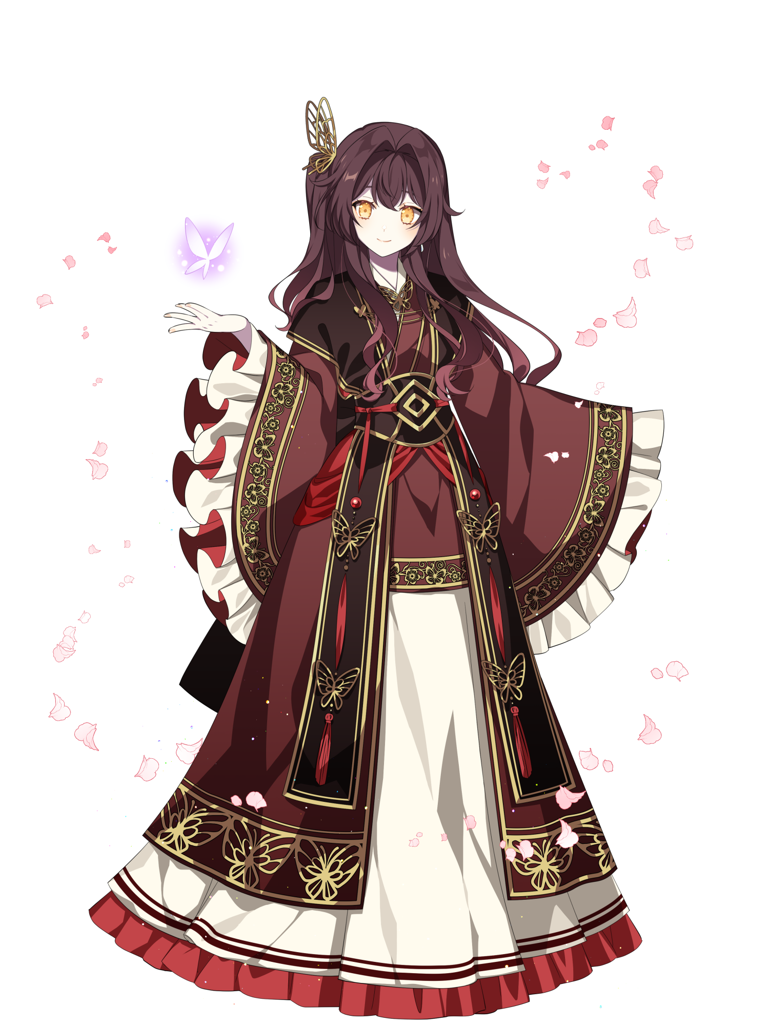 l (matador), dairoku ryouhei, highres, 1girl, anna sehnsucht, brown hair, bug, butterfly, butterfly hair ornament, full body, gold trim, hair ornament, insect, jewelry, long hair, necklace, smile, standing, transparent background, wide sleeves, yellow eyes