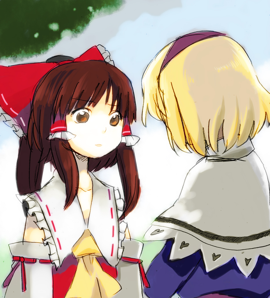 8bit, hachi (8bit canvas), alice margatroid, hakurei reimu, touhou, bad id, bad pixiv id, 2girls, female focus, multiple girls, ribbon, short hair