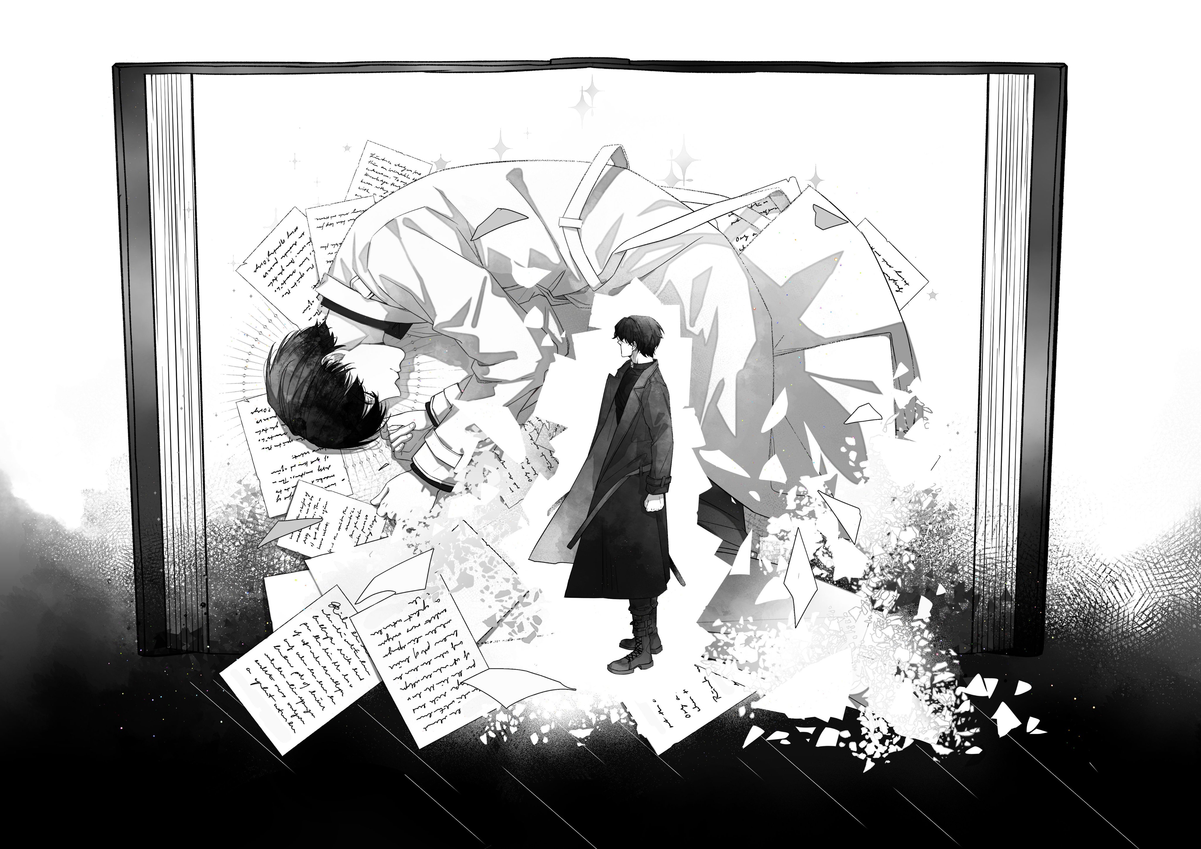 kim dokja, yoo joonghyuk, omniscient reader's viewpoint, absurdres, commentary request, highres, 2boys, black coat, black hair, black shirt, book, boots, closed eyes, coat, curled up, falling paper, full body, greyscale, looking at another, lying, mini person, miniboy, monochrome, multiple boys, on side, open book, open clothes, open coat, sanjinmogufufu, shirt, short hair, size difference, torn paper, white coat