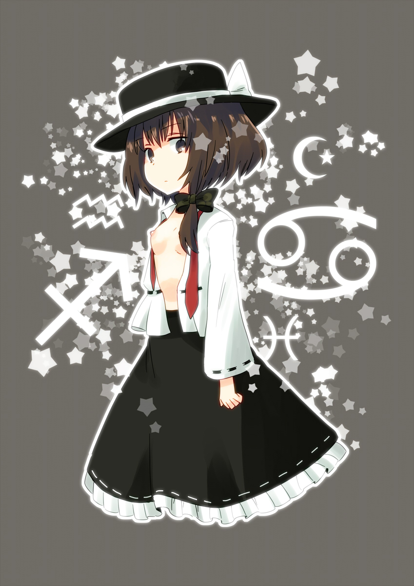 8bit, hachi (8bit canvas), usami renko, ghostly field club, touhou, no legs, bad id, bad pixiv id, highres, 1girl, aquarius (symbol), breasts, brown hair, cancer (symbol), female focus, gemini (symbol), hair ribbon, hat, necktie, nipples, no bra, open clothes, open shirt, porkpie hat, ribbon, sagittarius (symbol), shirt, short hair, skirt, small breasts, solo