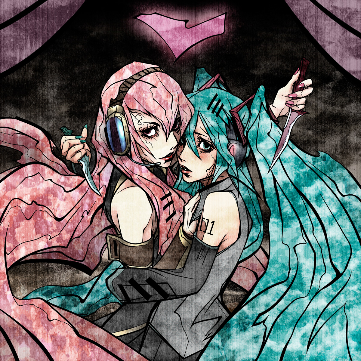 genk, hatsune miku, megurine luka, vocaloid, highres, 2girls, aqua hair, detached sleeves, headset, hug, knife, long hair, multiple girls, pink hair