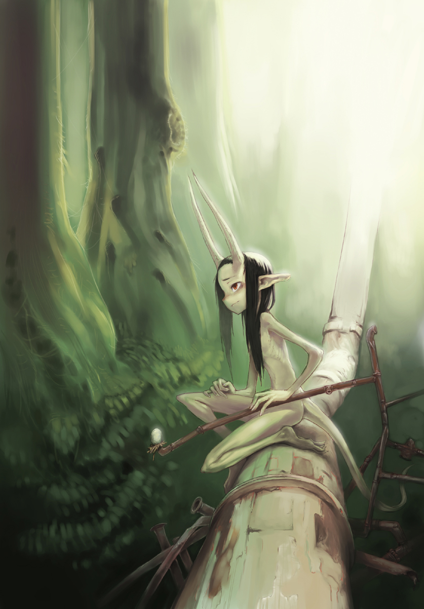 kikai (akita morgue), original, highres, 1girl, barefoot, black hair, demon girl, egg, feet, female focus, flat chest, horns, nature, nude, oni, pointy ears, red eyes, skinny, smoking pipe, solo, tail, toes, tree
