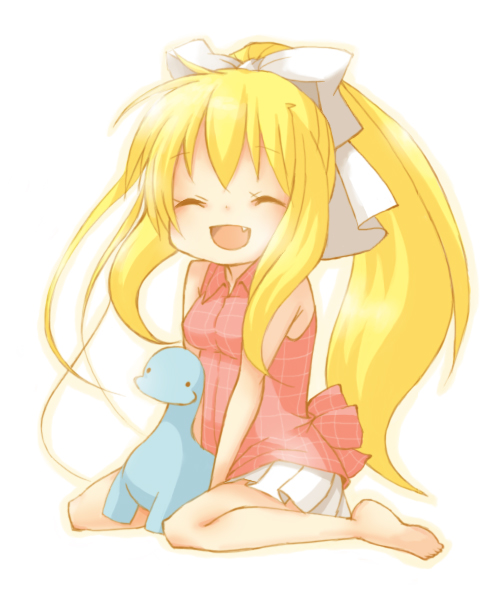 momoniku (taretare-13), kamio misuzu, air (visual novel), 00s, barefoot, blonde hair, closed eyes, dinosaur, fang, happy, kneeling, long hair, ponytail, simple background, smile, solo, stuffed animal, stuffed toy, very long hair